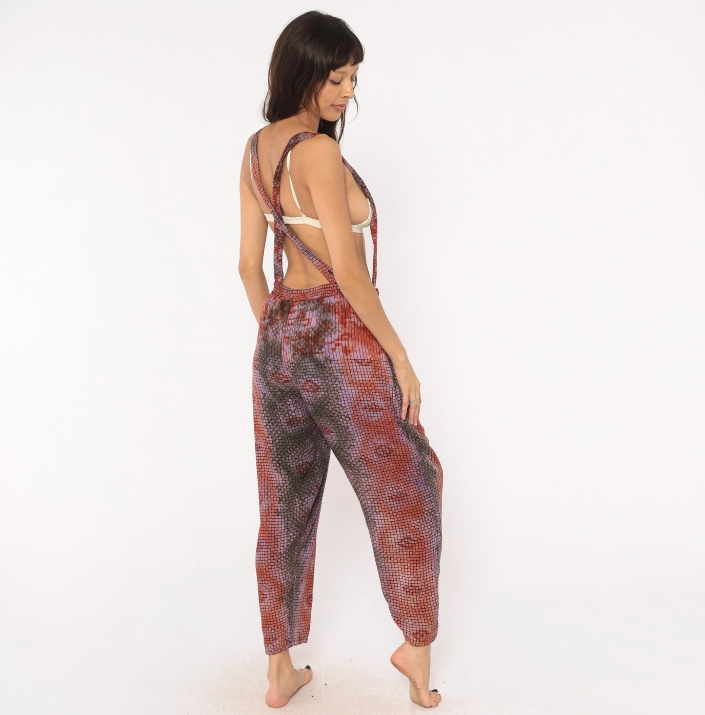 90s Tie Dye Suspender Pants Grid Print Pleated Trousers Purple Brown Medium M