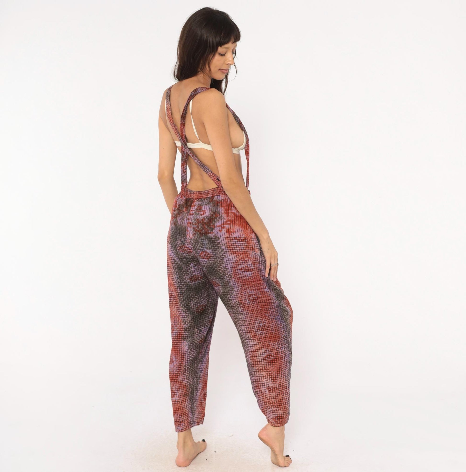 90s Tie Dye Suspender Pants Grid Print Pleated Trousers Purple Brown Medium M