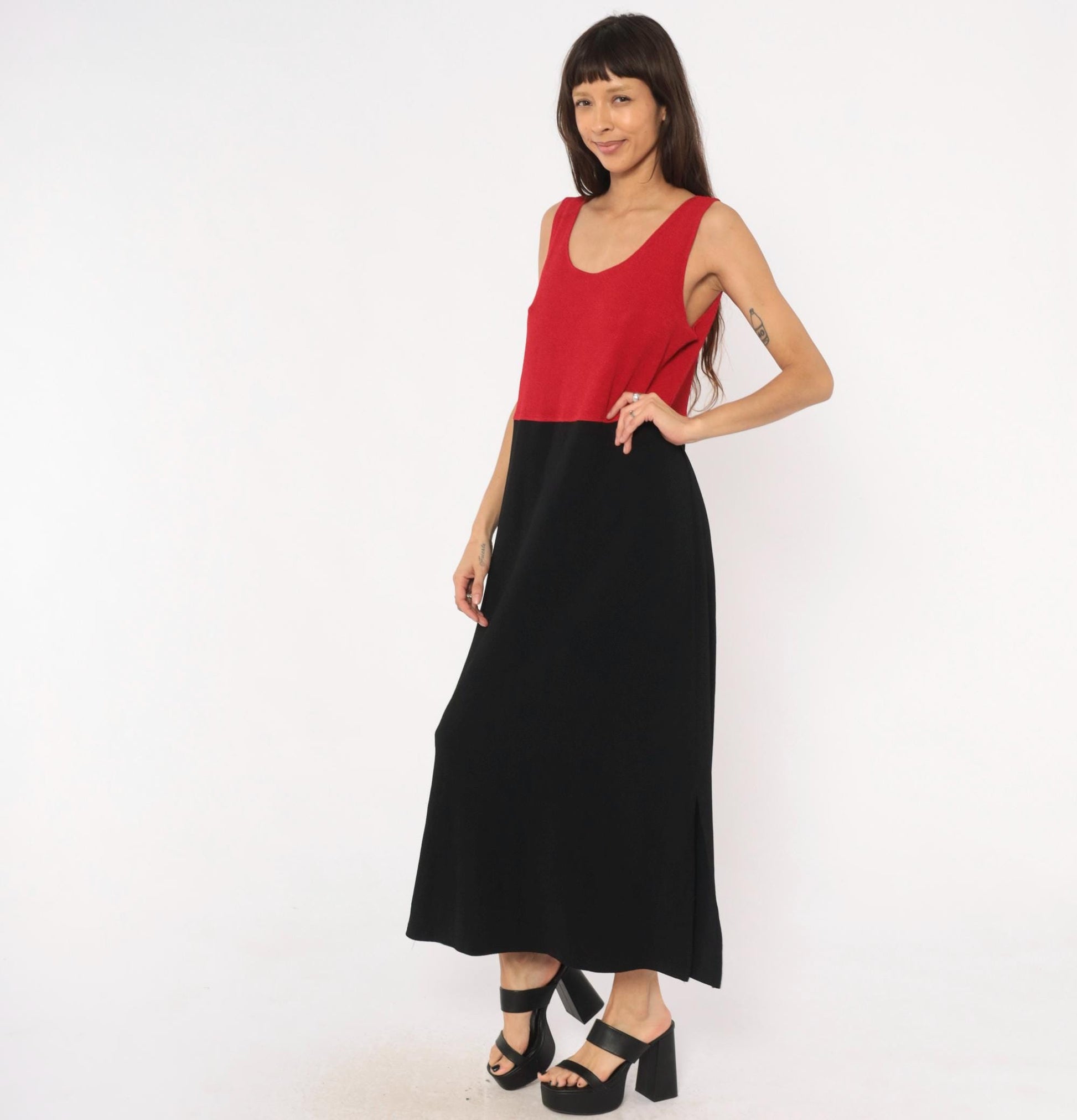 90s Positive Attitude Color Block Maxi Dress Red Black Sleeveless Large L