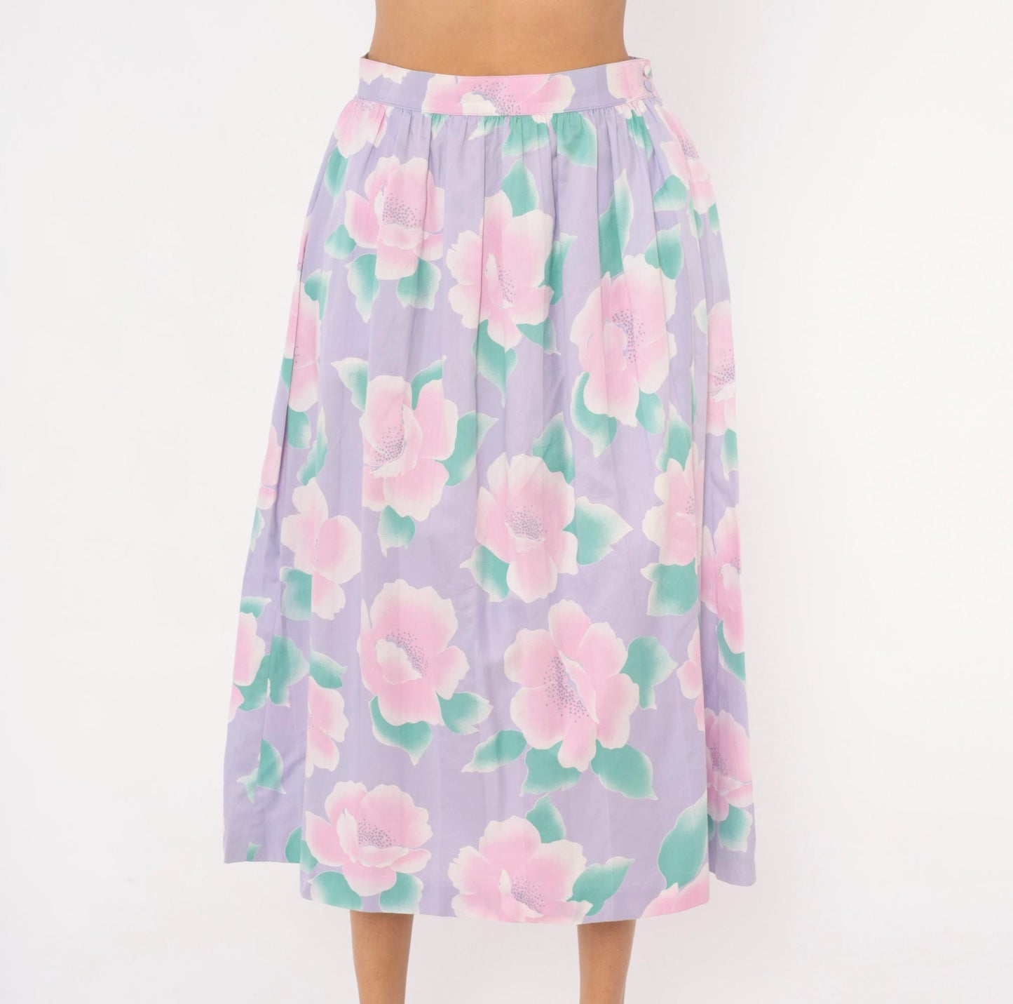 80s Prophecy Floral Midi Skirt Lavender Pink Rose Print Cotton Medium M
