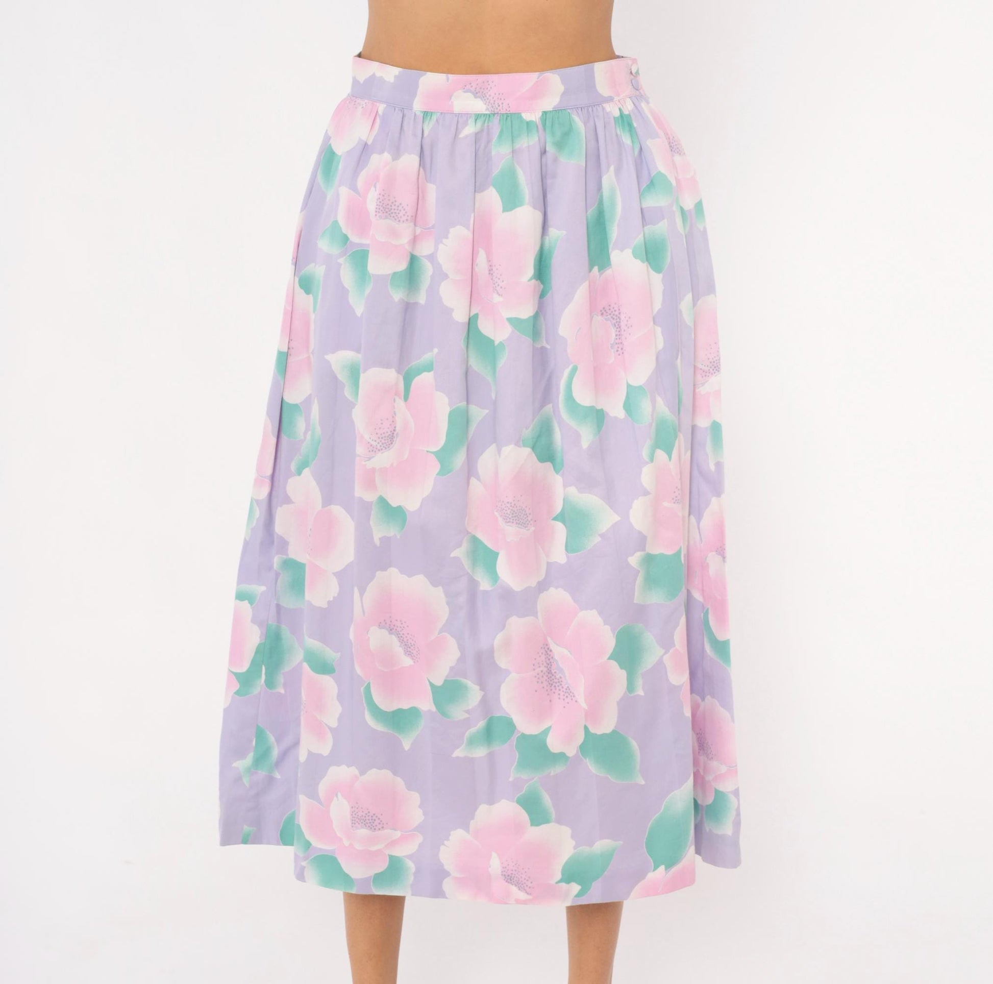 80s Prophecy Floral Midi Skirt Lavender Pink Rose Print Cotton Medium M