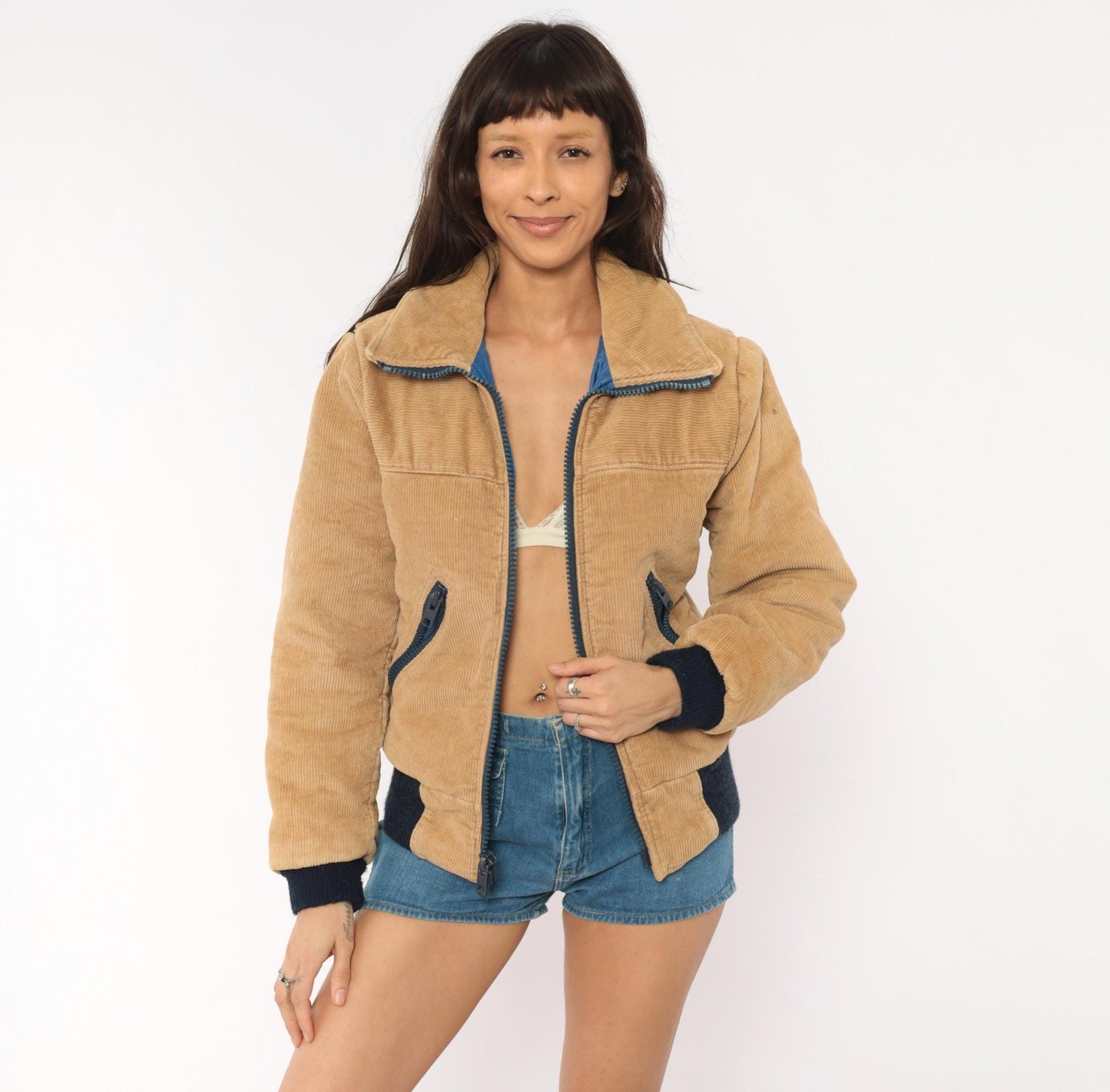 70s Sports B Corduroy Bomber Jacket Tan Quilted Padded Small S