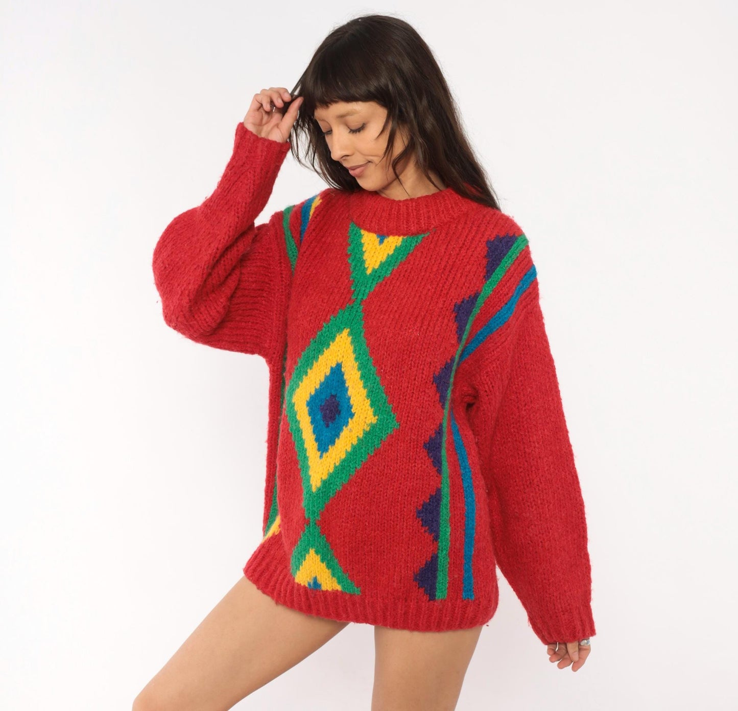 90s Willow Bay Southwestern Diamond Knit Pullover Red Green Blue Medium