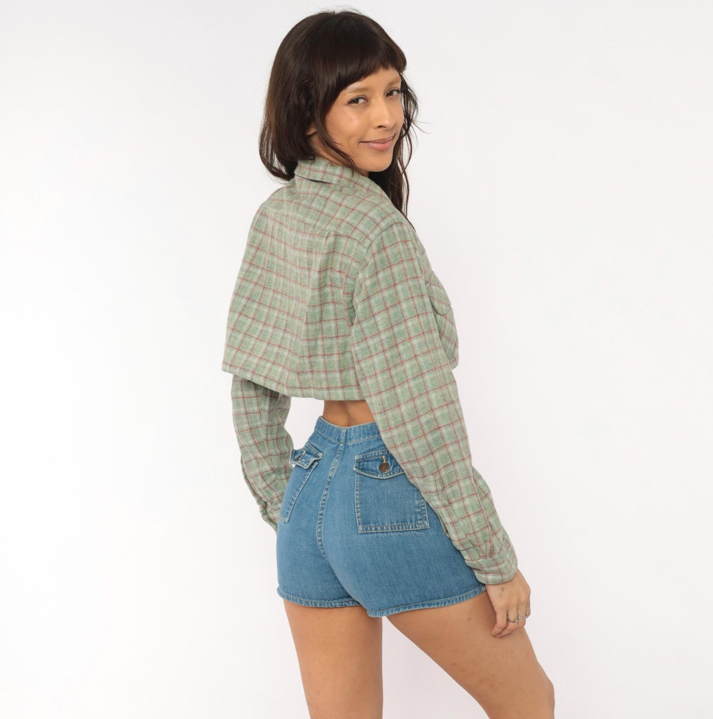 60s Towncraft Cropped Plaid Wool Shirt Sage Green Red Windowpane Medium