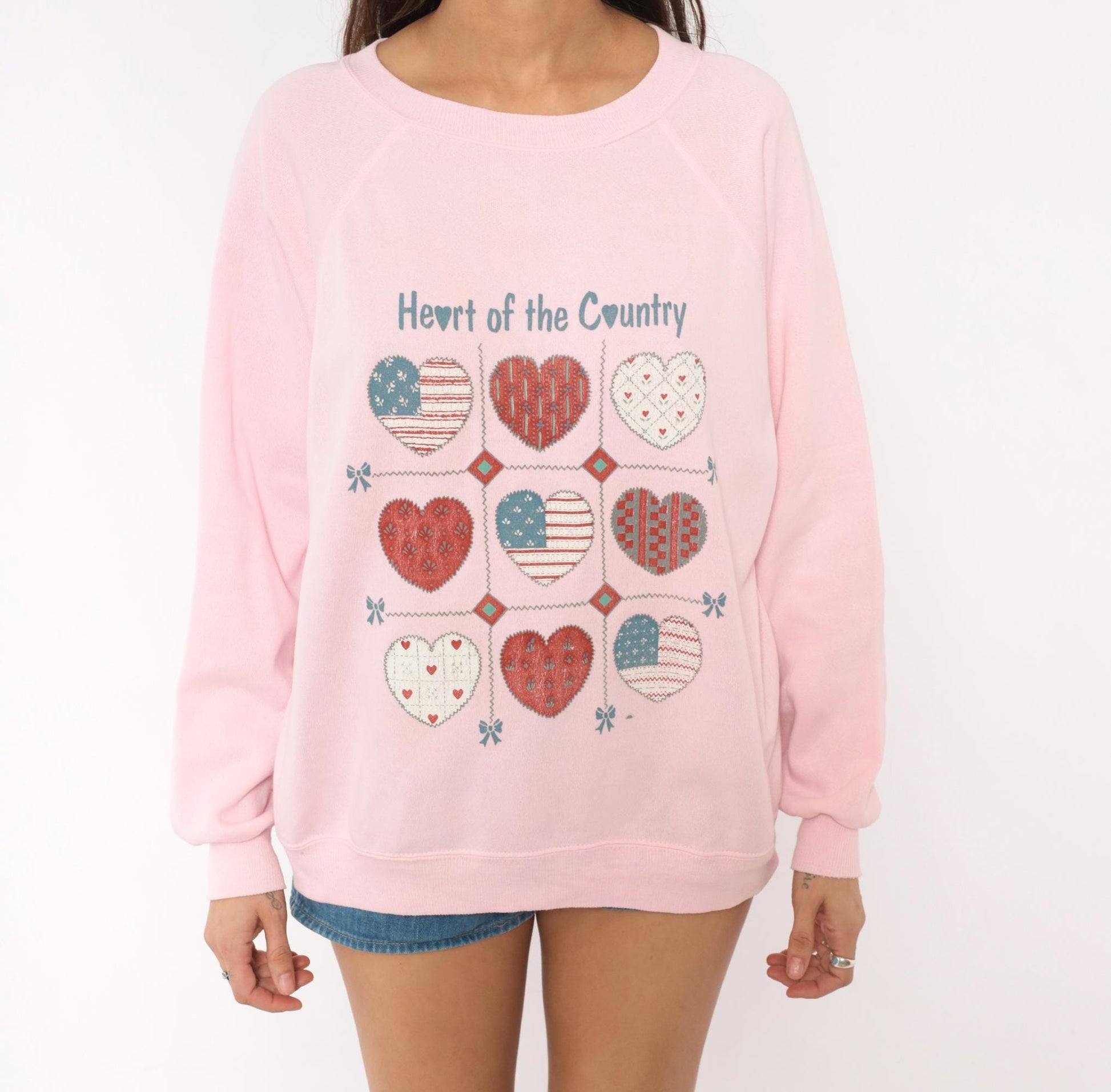 90s Heart of the Country Pink Patchwork Sweatshirt Raglan Cotton Medium M