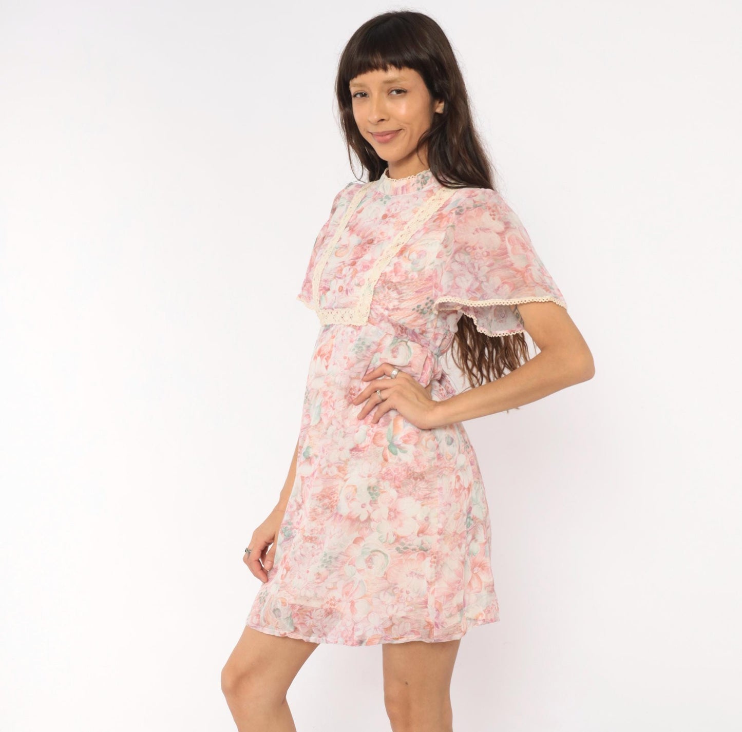 70s R.A.R. Pink Floral Mini Dress Puff Sleeve Crochet Bib Extra Small XS