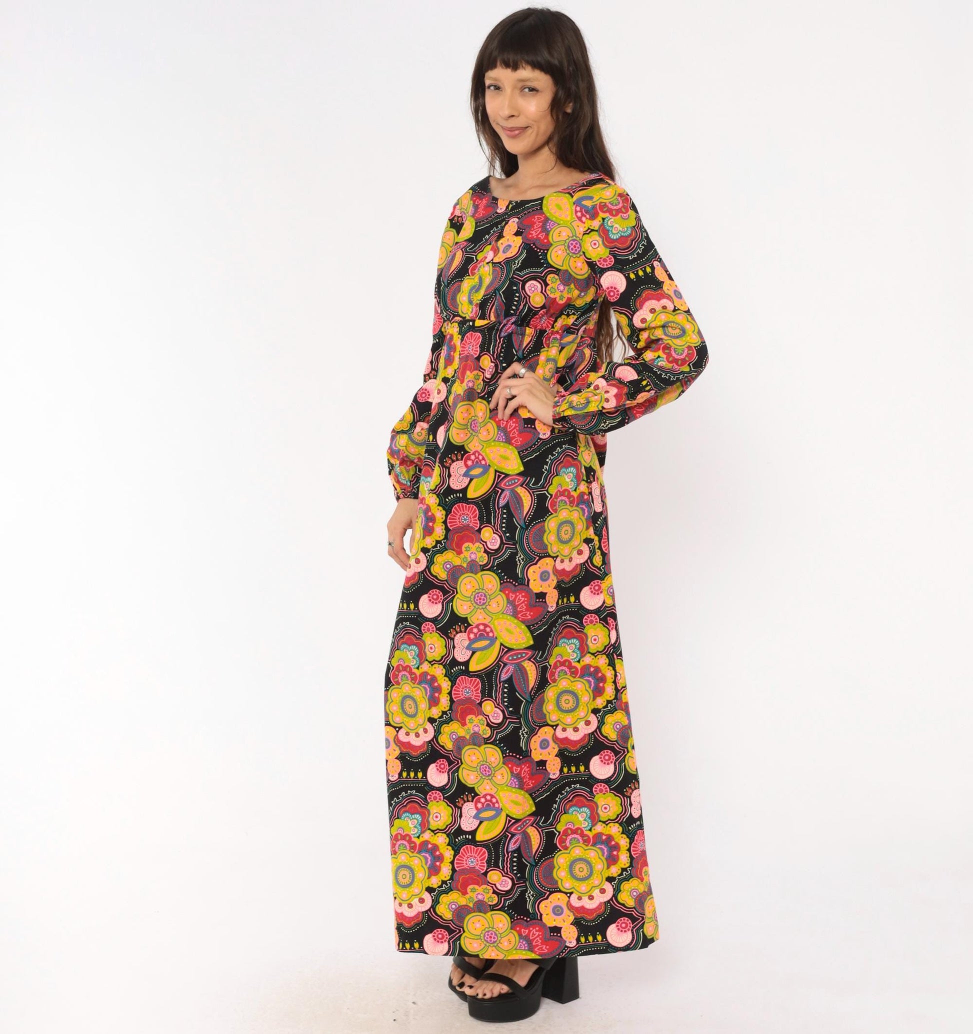 70s Psychedelic Floral Maxi Dress Black Pink Open Back Empire Waist Medium Large