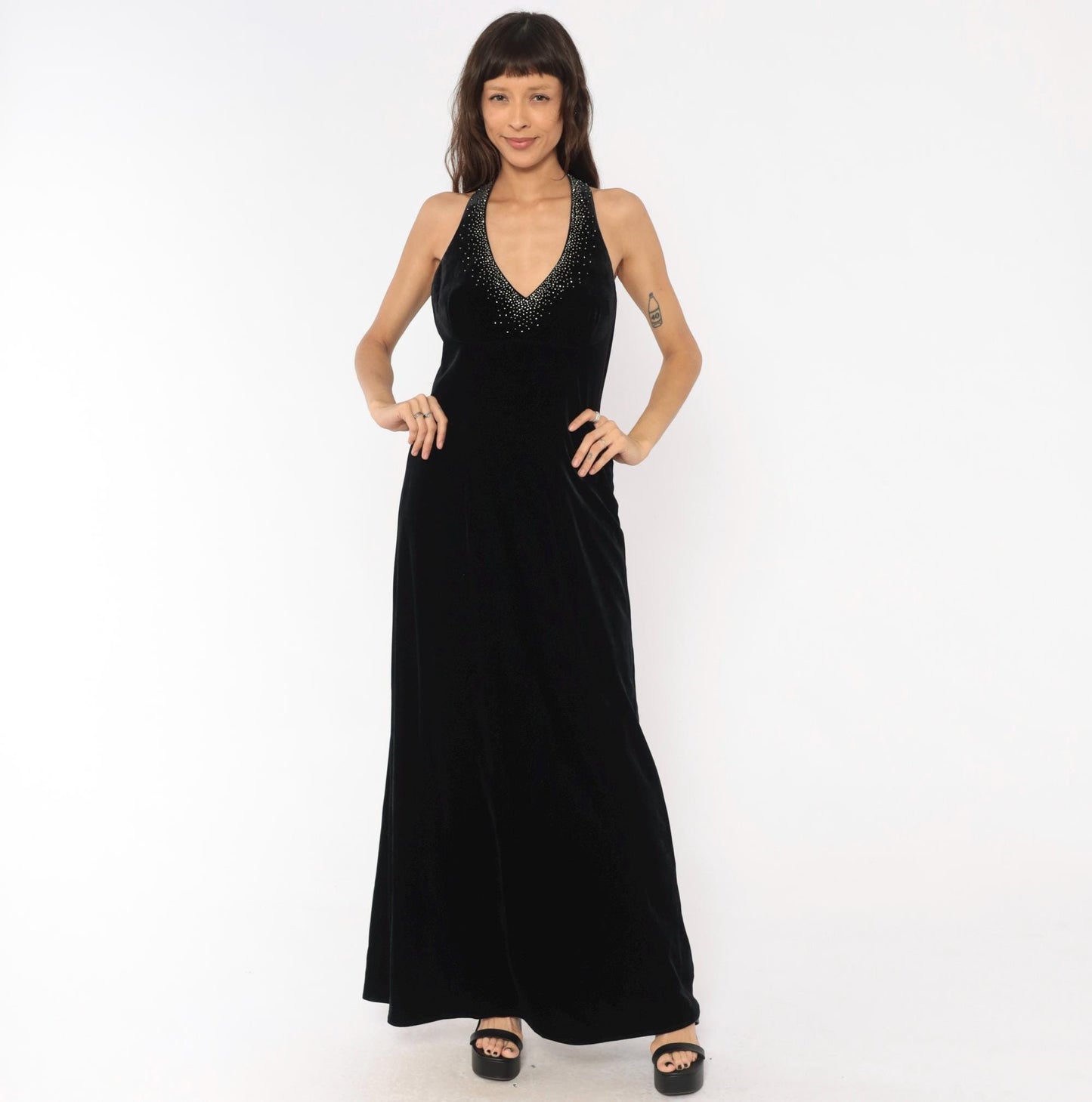 90s Dave & Johnny Black Velvet Halter Maxi Gown Rhinestone Open Back Large L