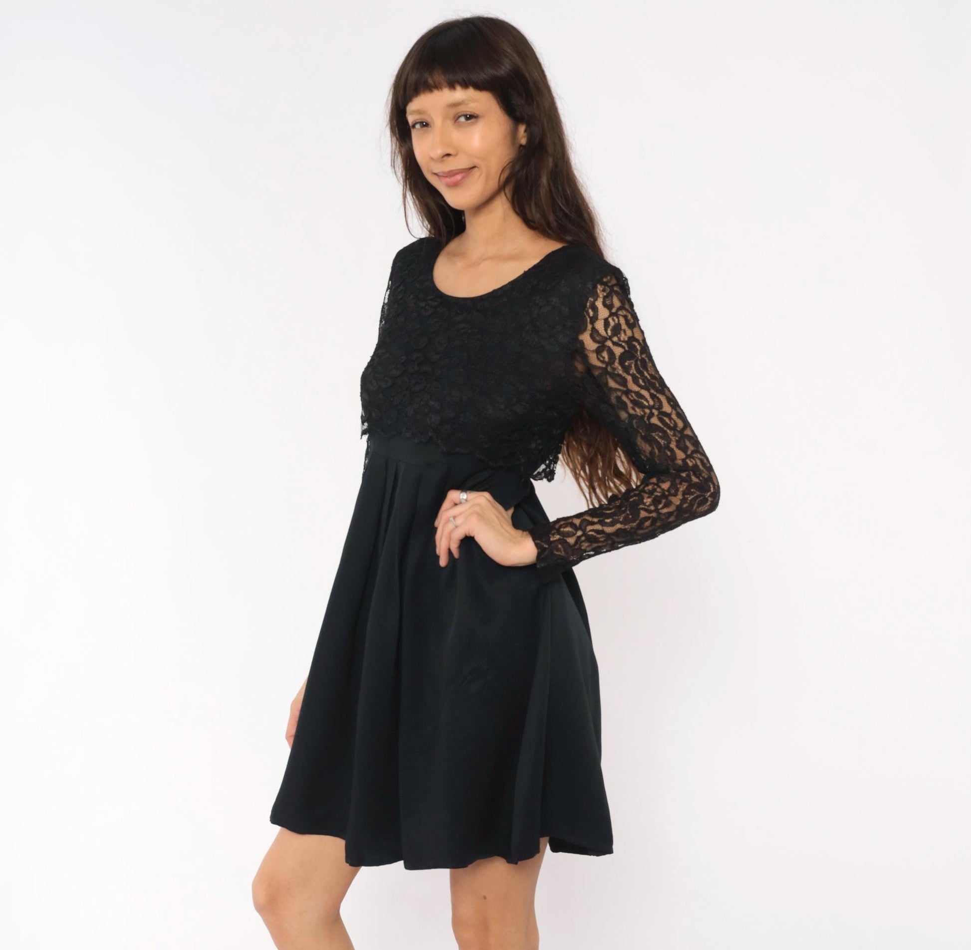90s Black Lace Dress Floral Sheer Sleeves Pleated Knee-Length Small