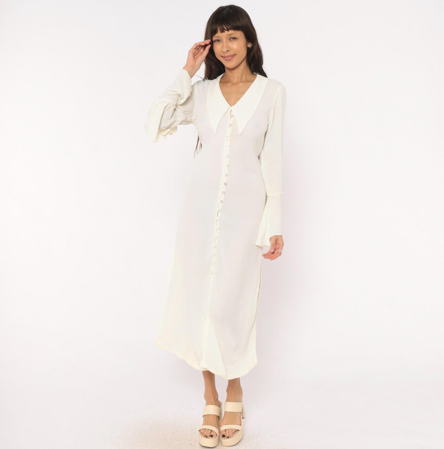 90s Joukar Cream Midi Dress Bell Sleeve V Neck Button Front Medium