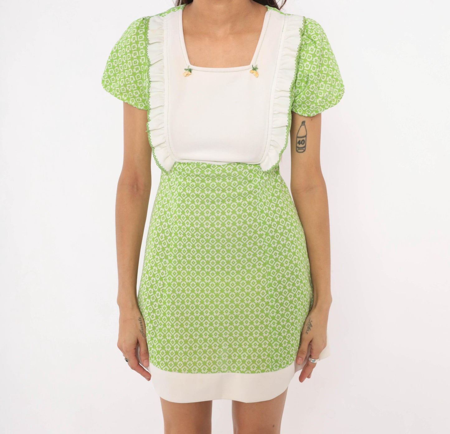 70s Green White Diamond Mini Dress Puff Sleeve Square Neck Ruffled Bib Extra Small