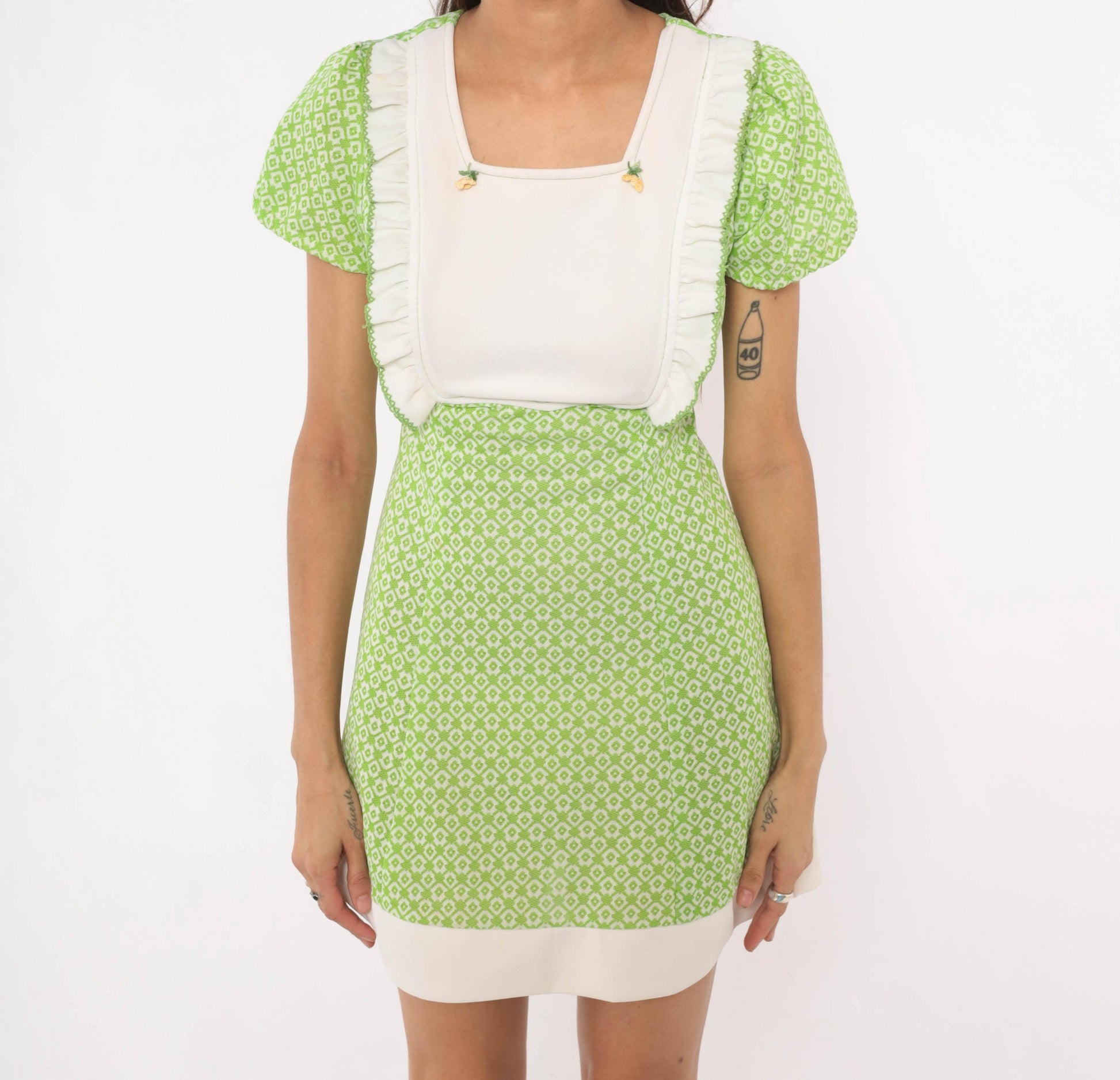 70s Green White Diamond Mini Dress Puff Sleeve Square Neck Ruffled Bib Extra Small
