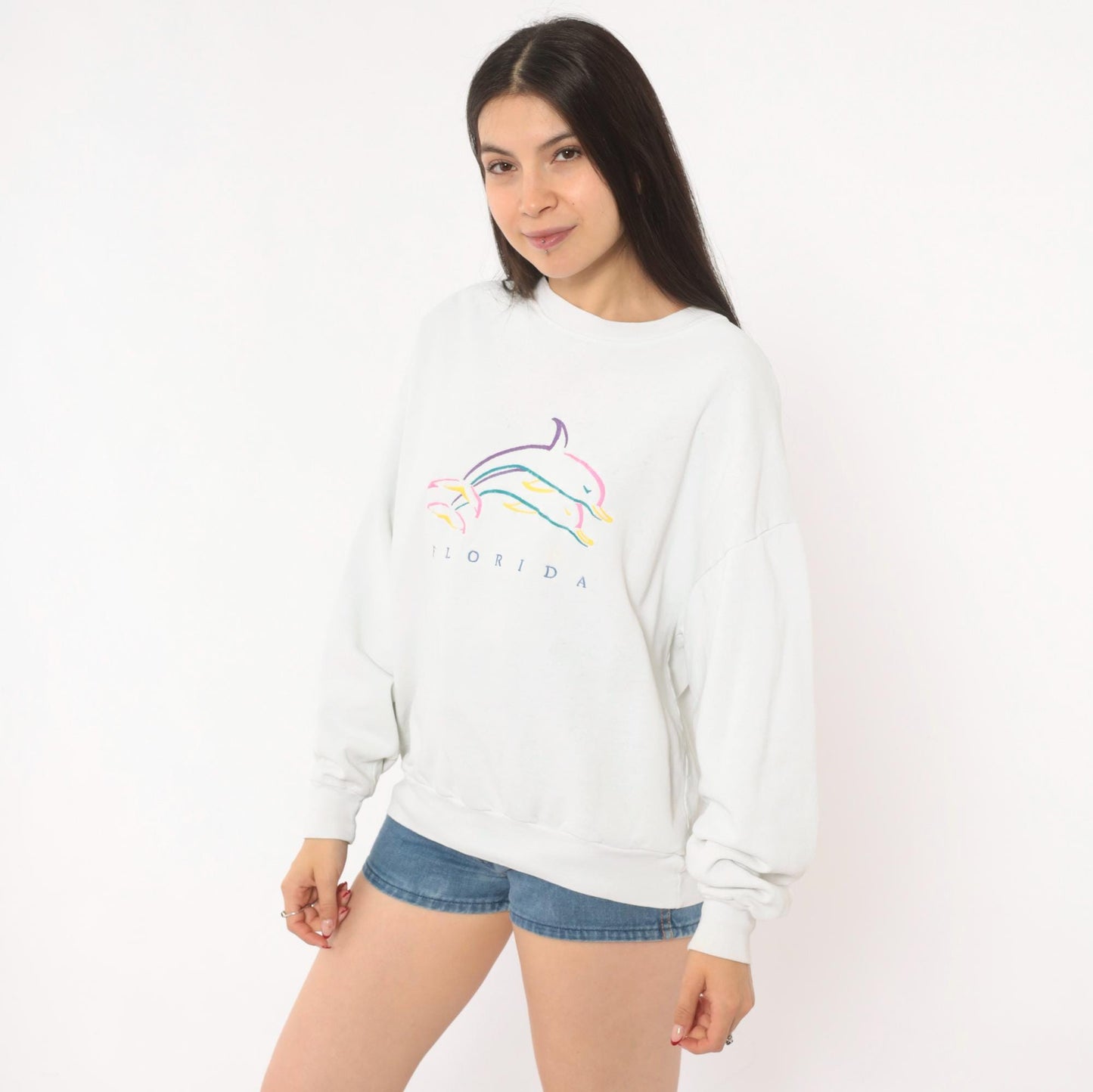 90s Florida Dolphin Graphic Sweatshirt White Crewneck Cotton Pullover Large L