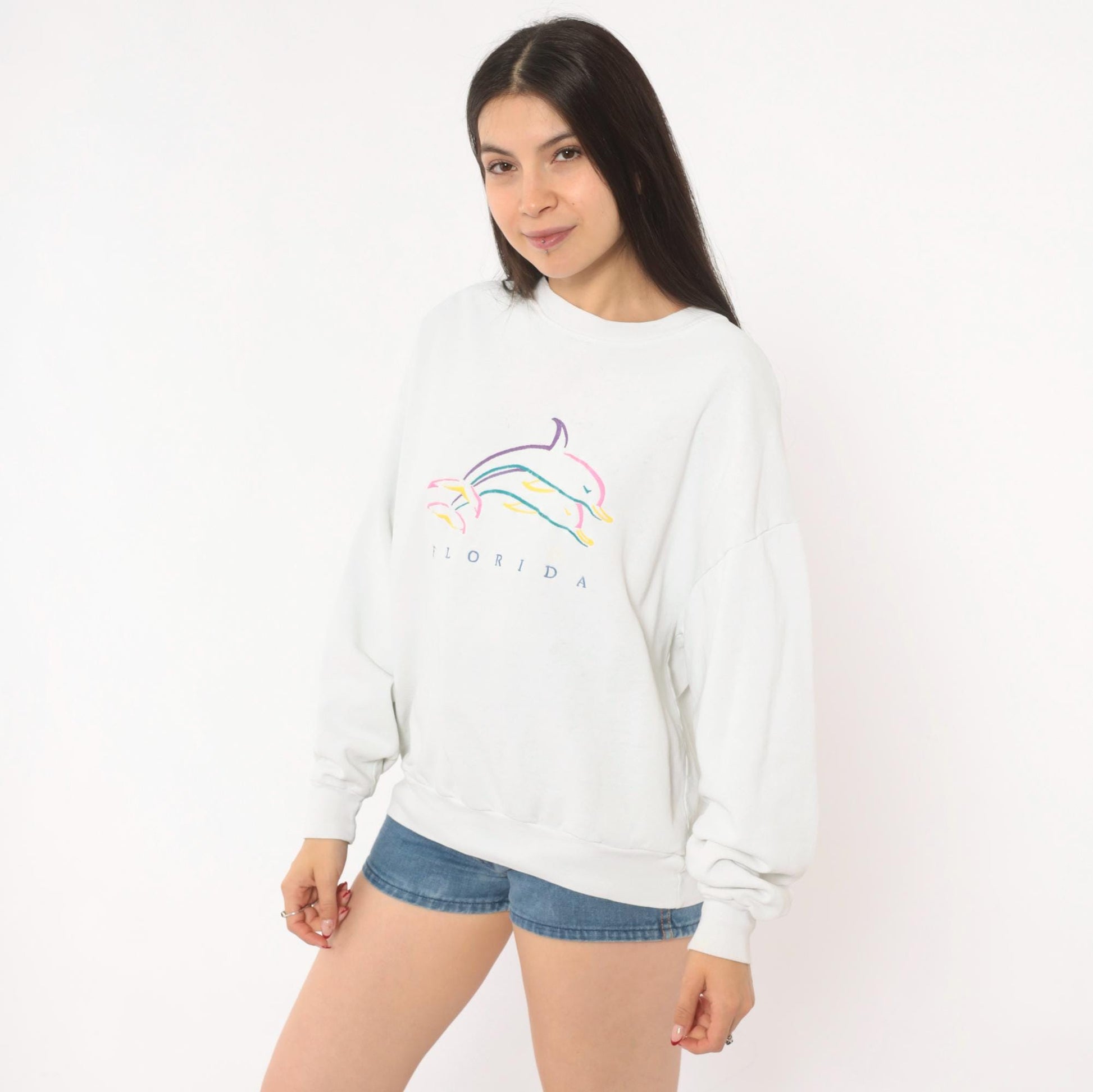 90s Florida Dolphin Graphic Sweatshirt White Crewneck Cotton Pullover Large L