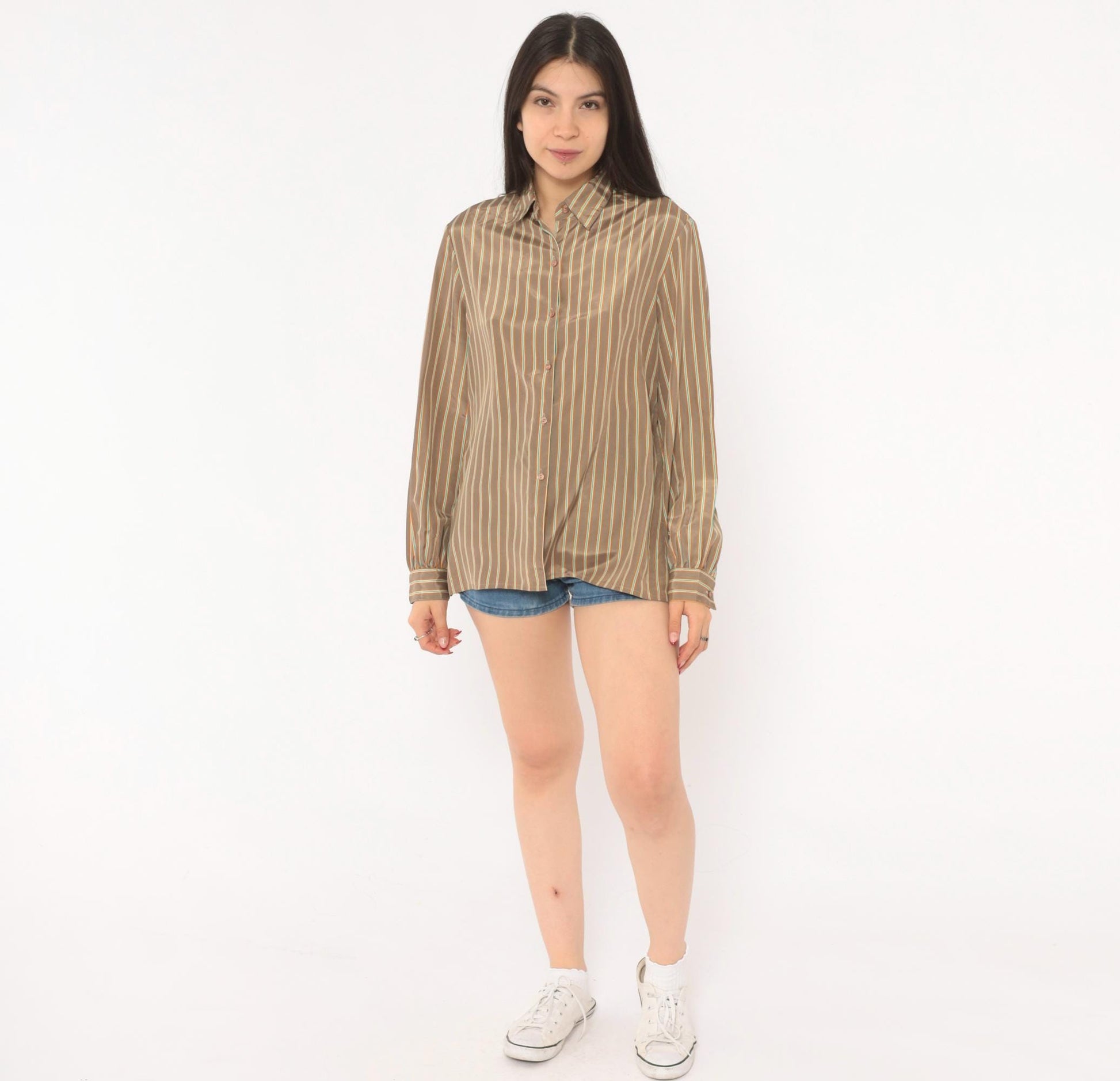 80s Jebb Levy Striped Button-Up Shirt Tan Teal Yellow Pinstripe Medium