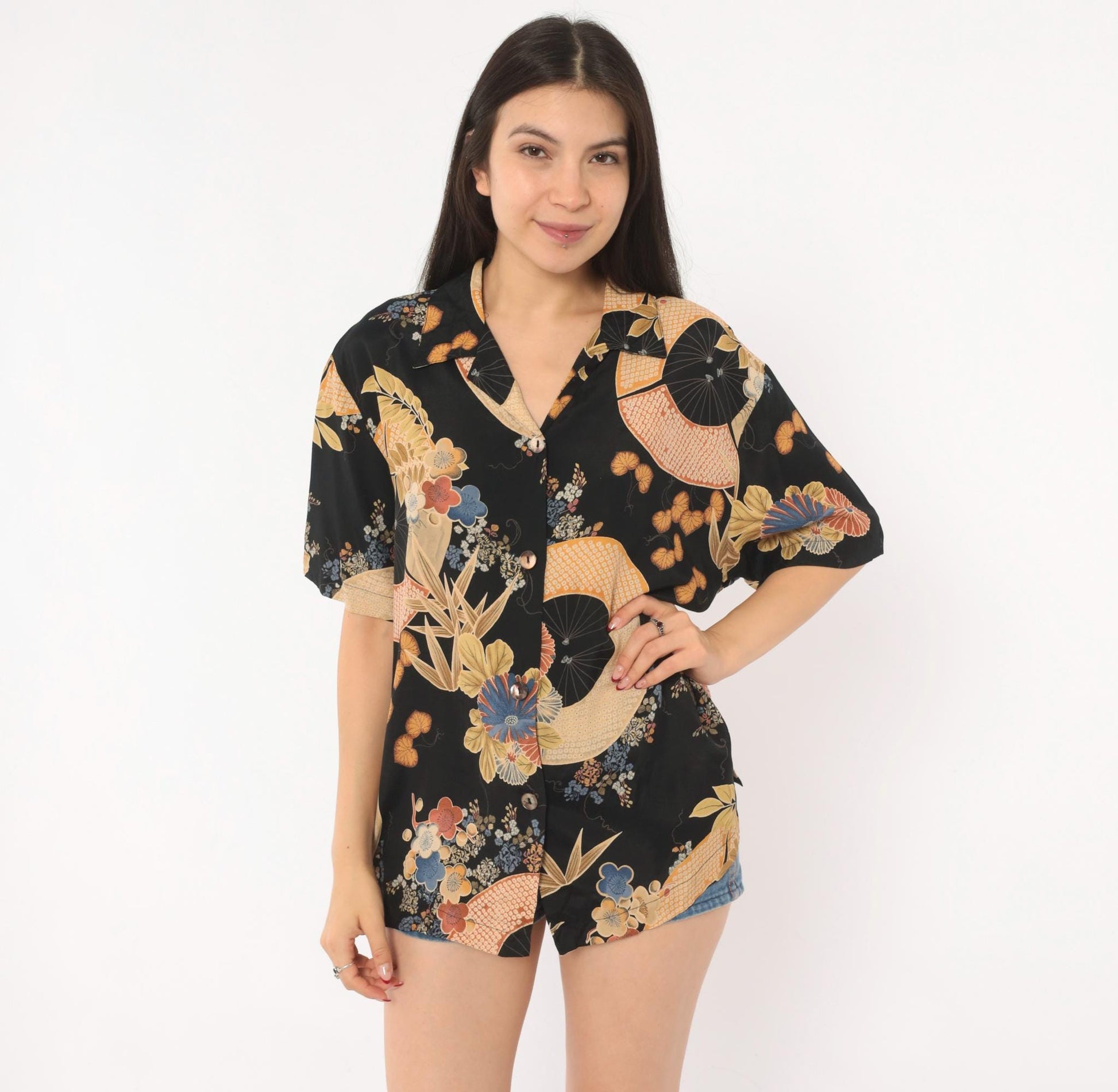 90s Clio Japanese Fan Floral Camp Collar Blouse Black Gold Rayon Large L