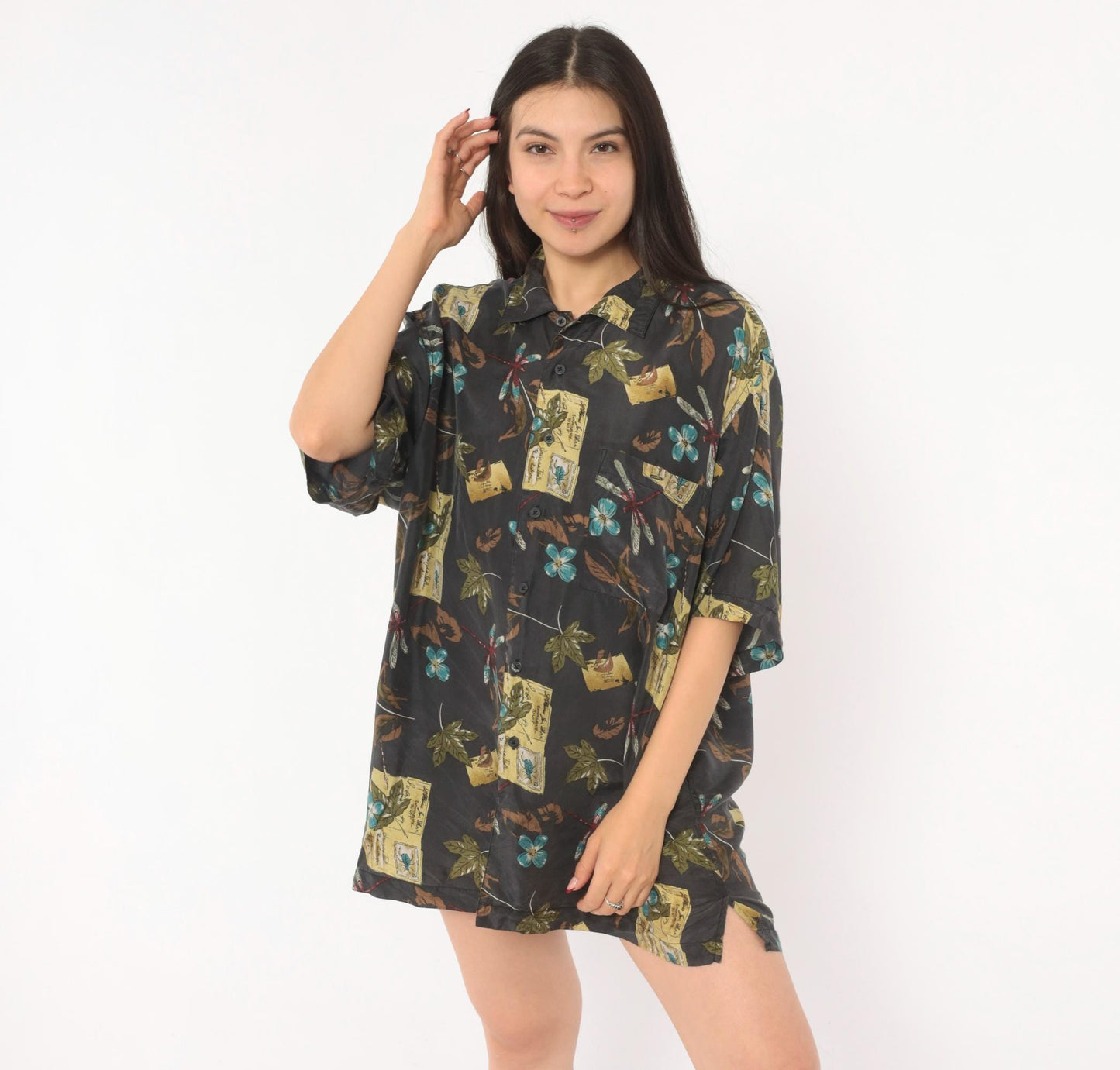 Y2K Firethorn Silk Camp Collar Shirt Dragonfly Botanical Print Teal Medium M
