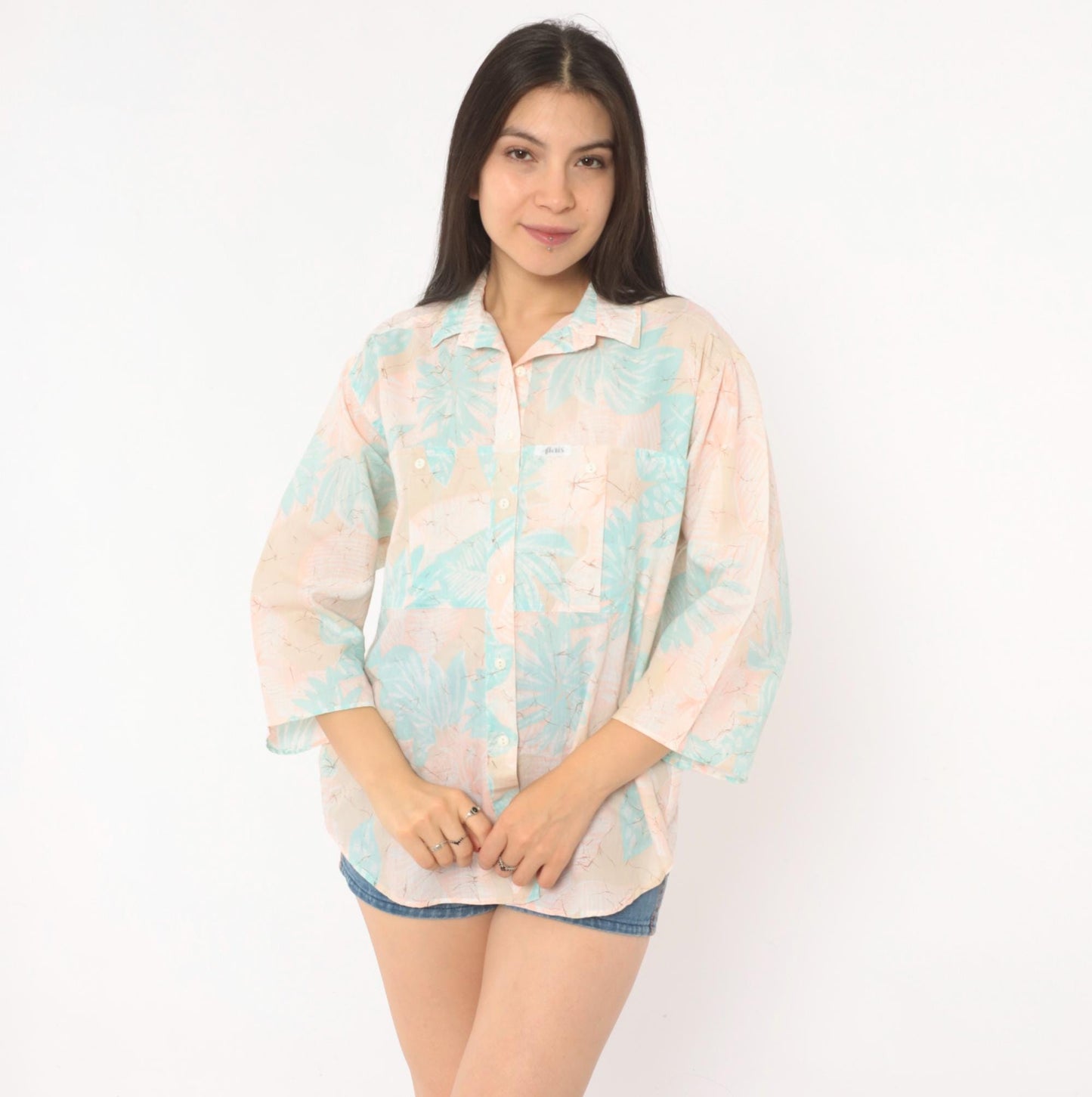 90s Alais Tropical Leaf Camp Collar Shirt Pastel Pink Mint Cotton Medium M