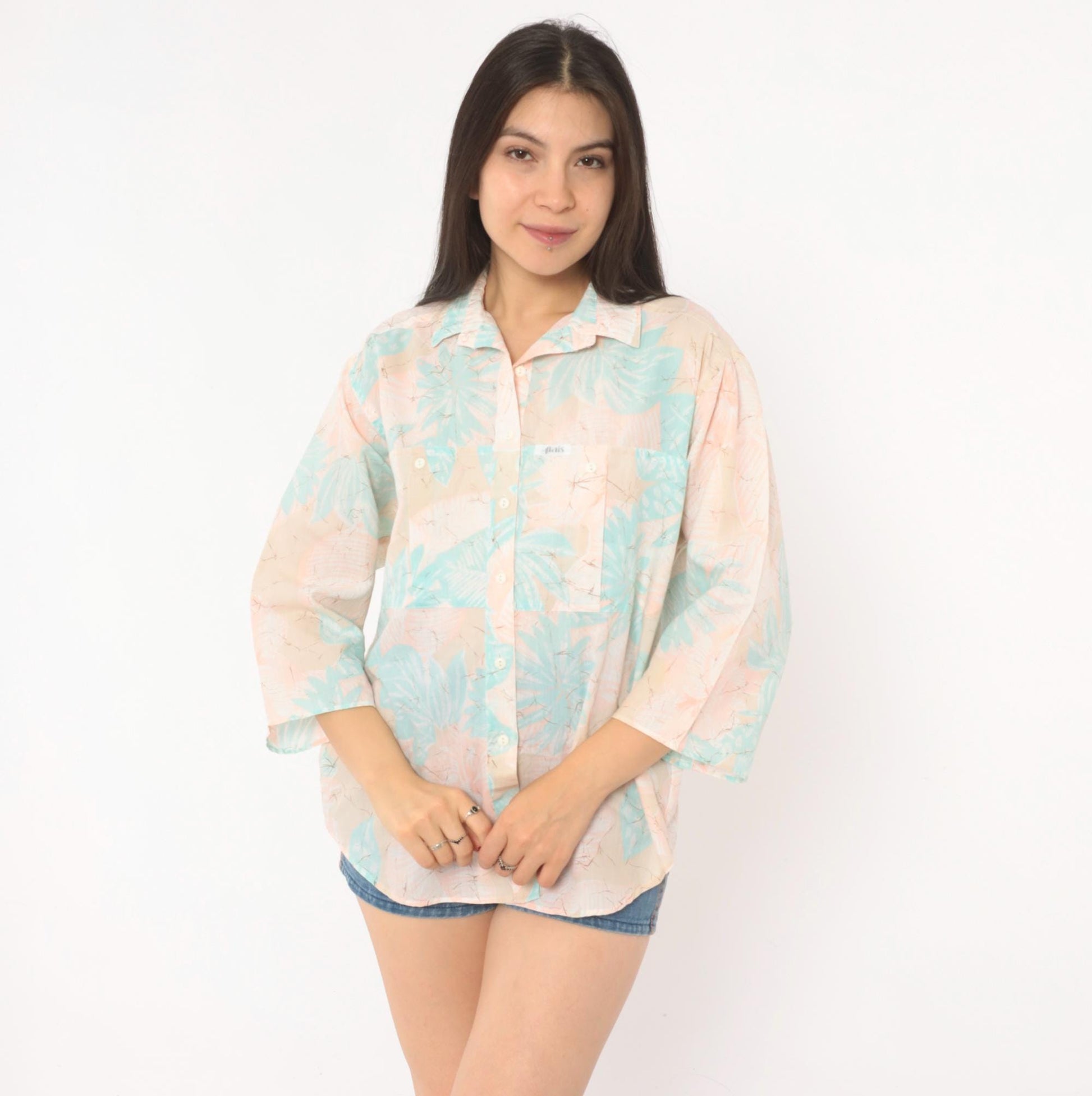 90s Alais Tropical Leaf Camp Collar Shirt Pastel Pink Mint Cotton Medium M
