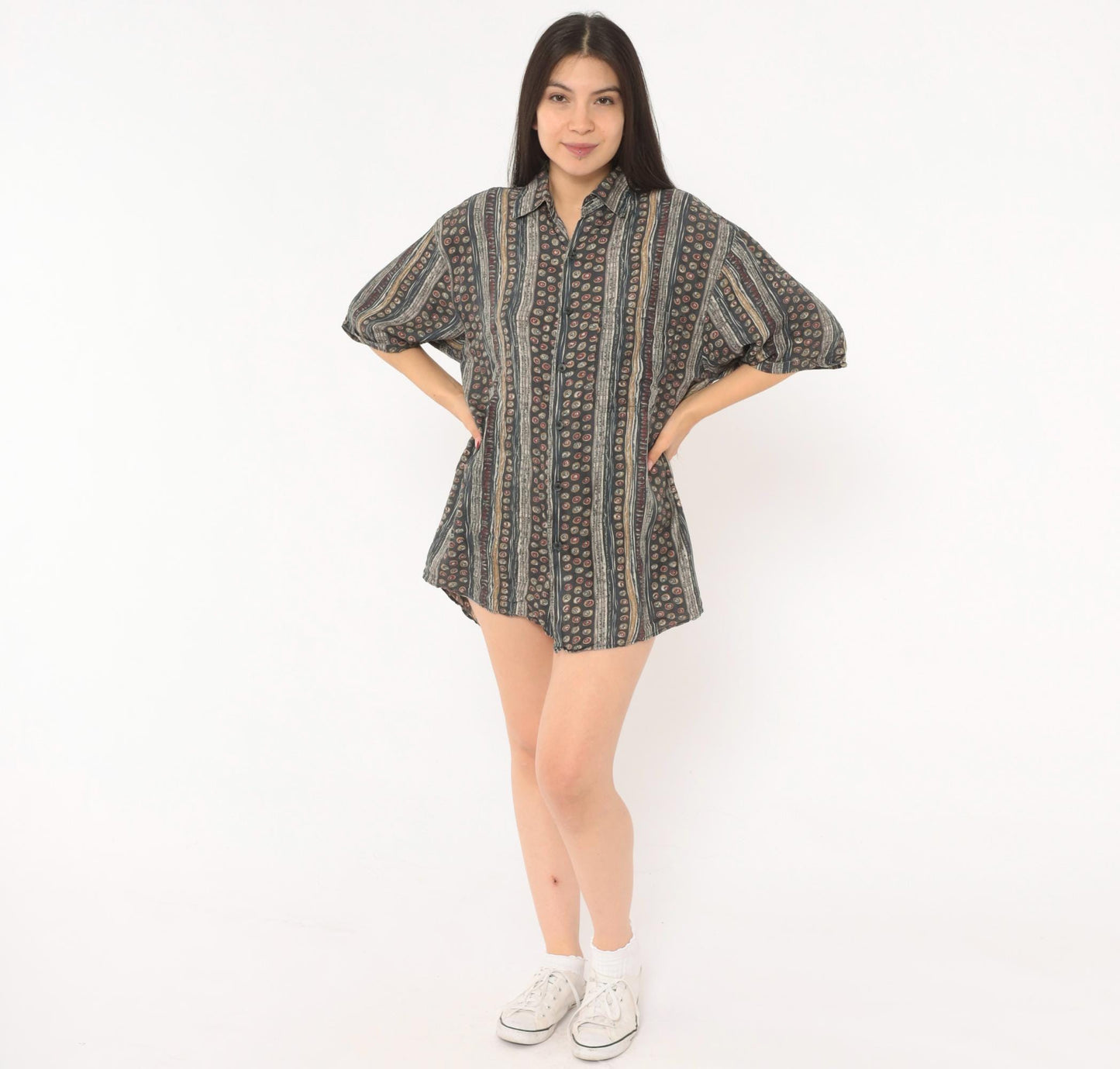 90s Summa Abstract Silk Shirt Grey Burgundy Stripe Camp Collar Small S