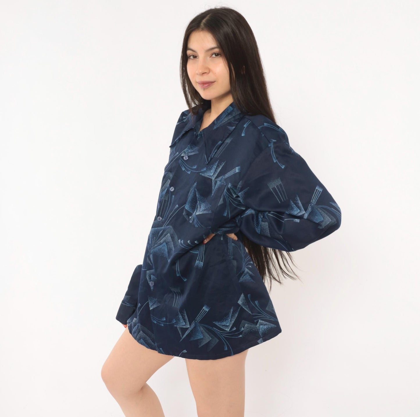 70s Paul Howard Navy Geometric Camp Collar Shirt Abstract Print Large L