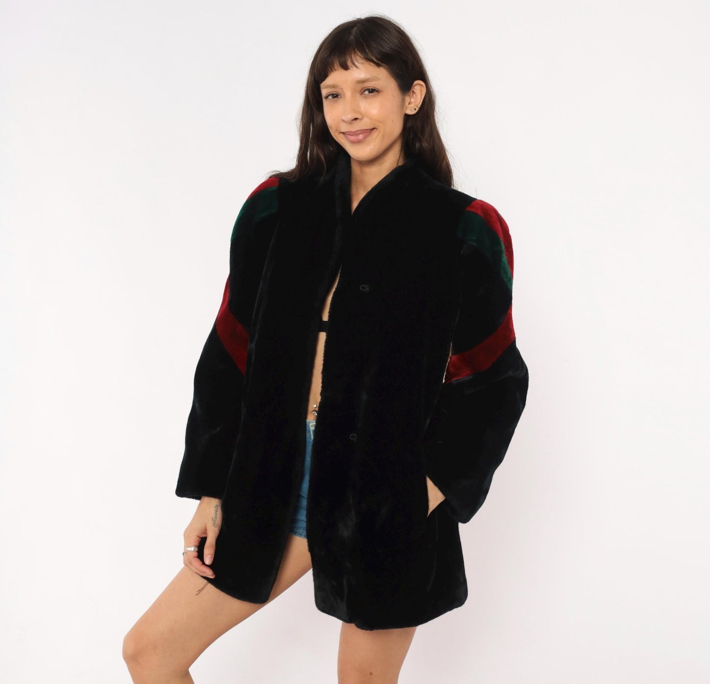 80s Sasson Faux Fur Coat Black Colorblock Stripe Stand Collar Medium M