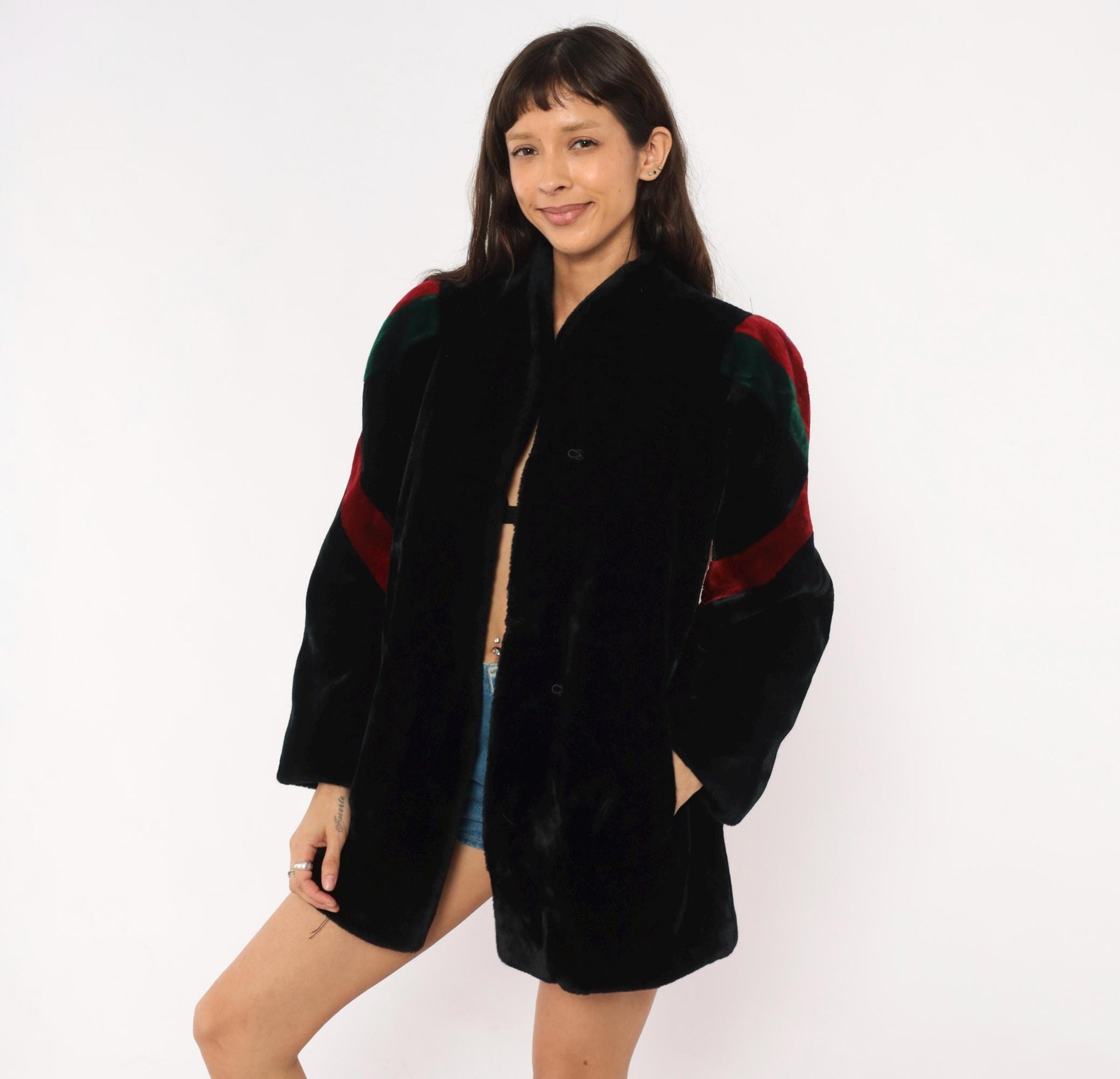 80s Sasson Faux Fur Coat Black Colorblock Stripe Stand Collar Medium M