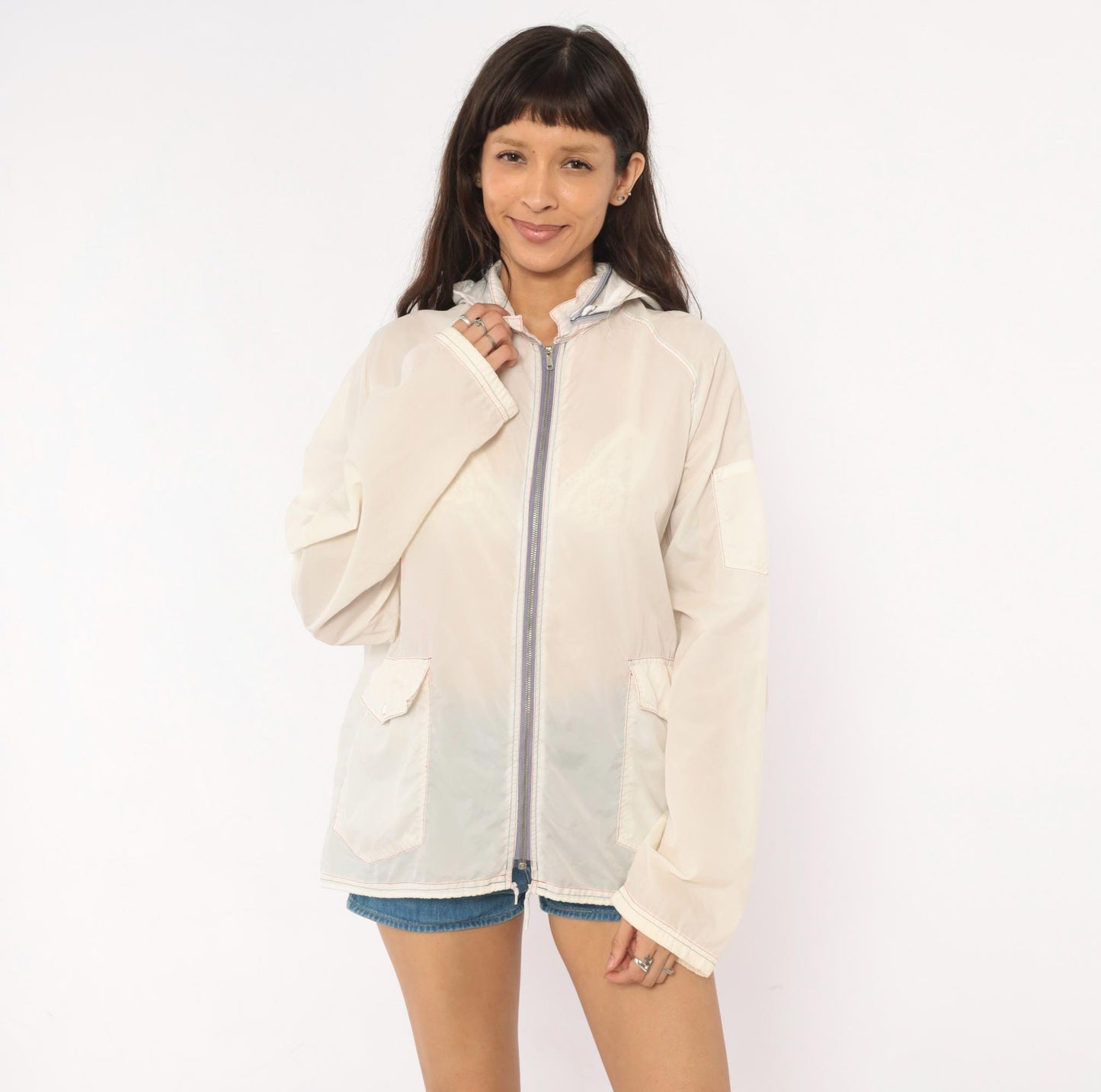 80s White Nylon Windbreaker Hooded Zip Jacket Colour Block Medium