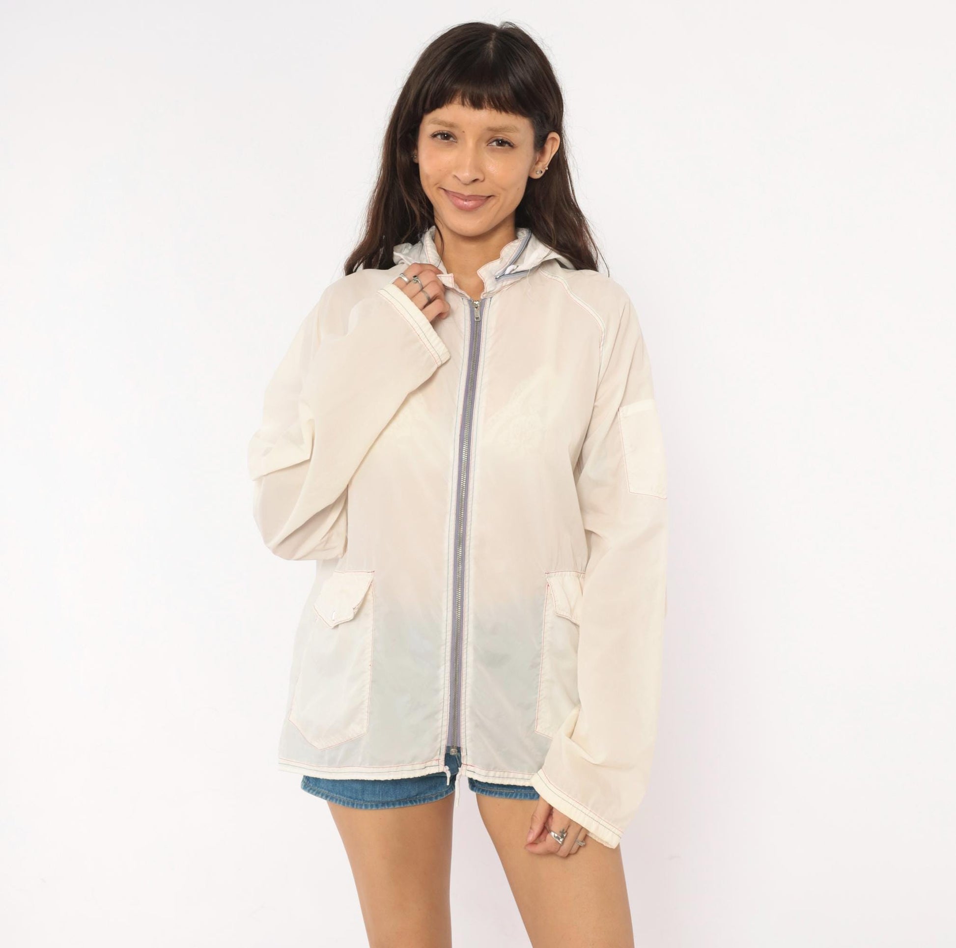 80s White Nylon Windbreaker Hooded Zip Jacket Colour Block Medium