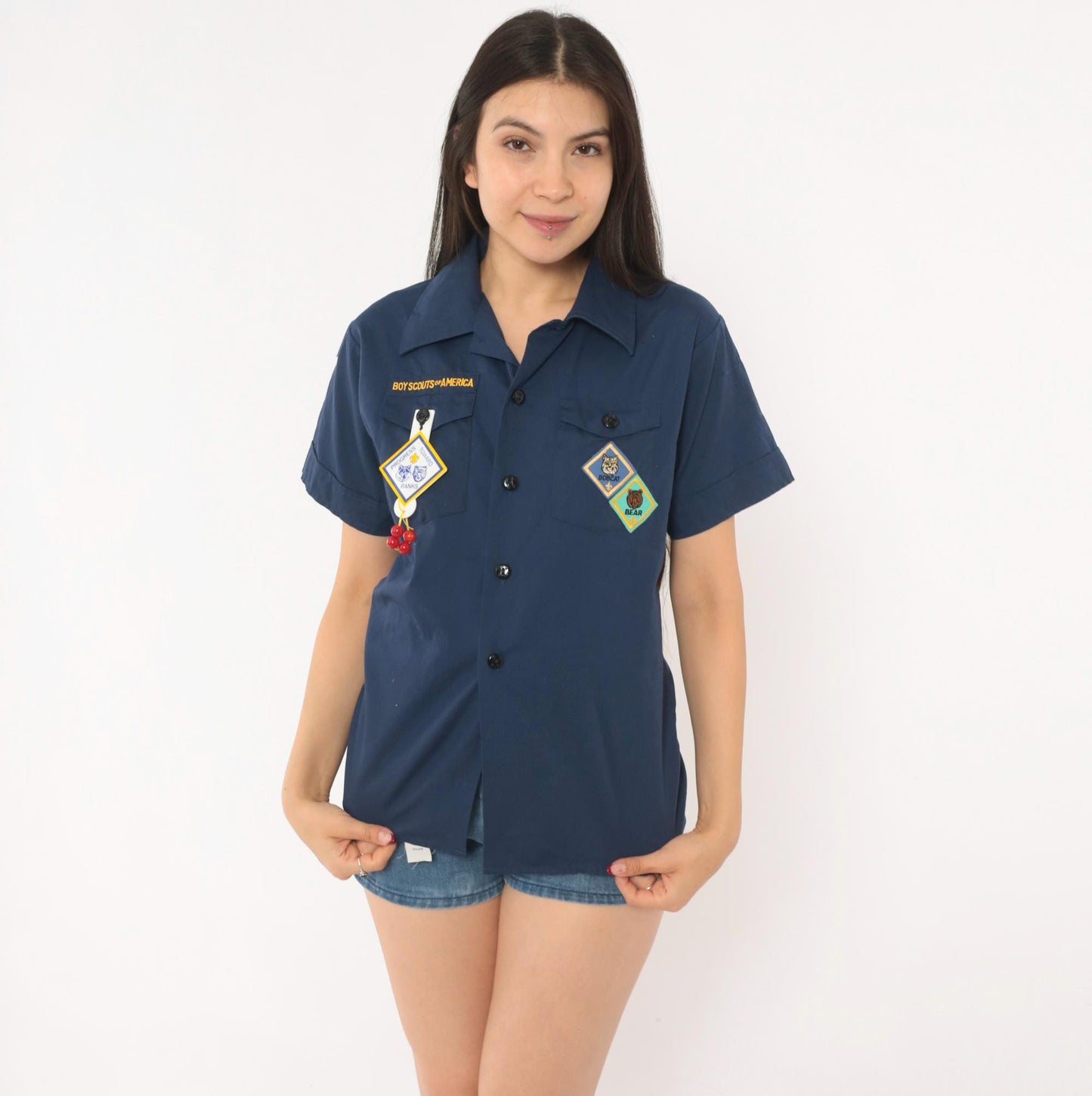 90s Boy Scouts of America Navy Uniform Shirt Bobcat Bear Patches Small