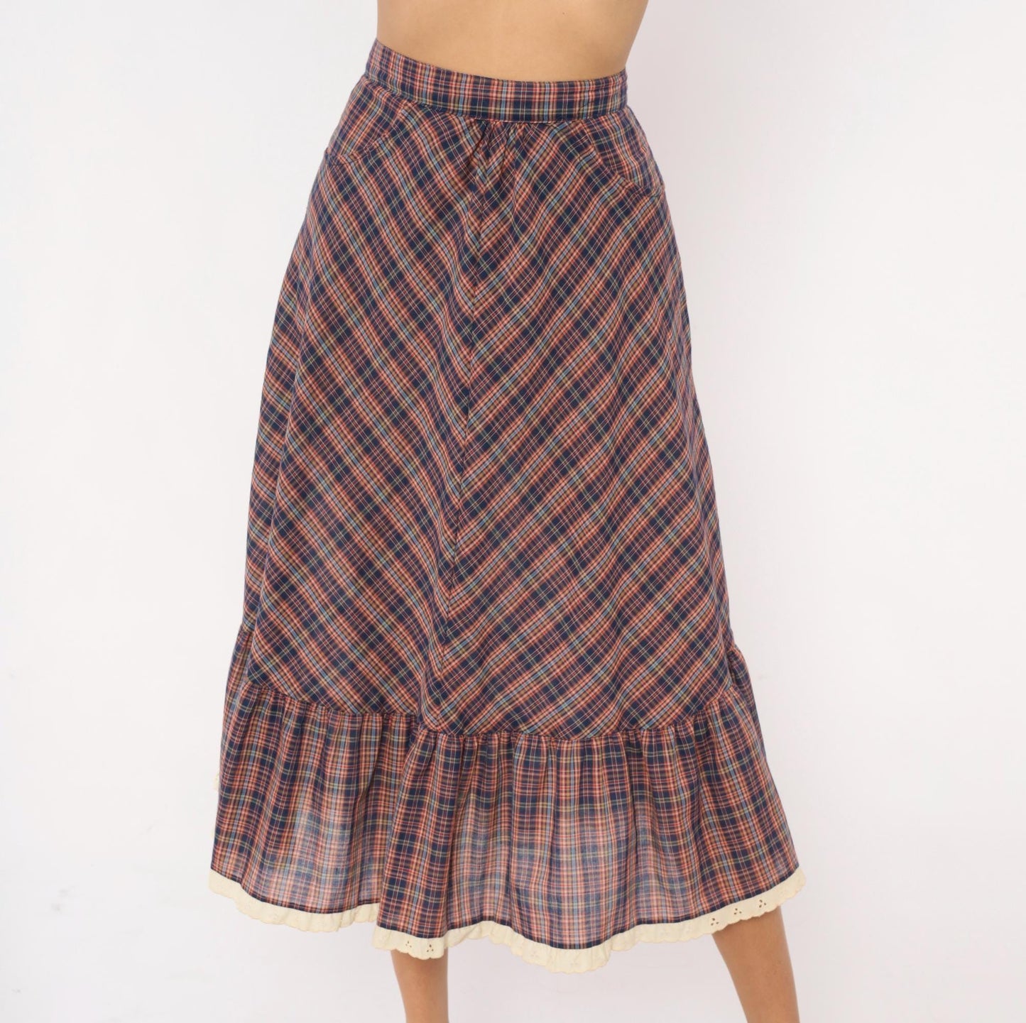70s Judy Knapp Plaid A-Line Midi Skirt Red Navy Eyelet Lace Ruffle Small