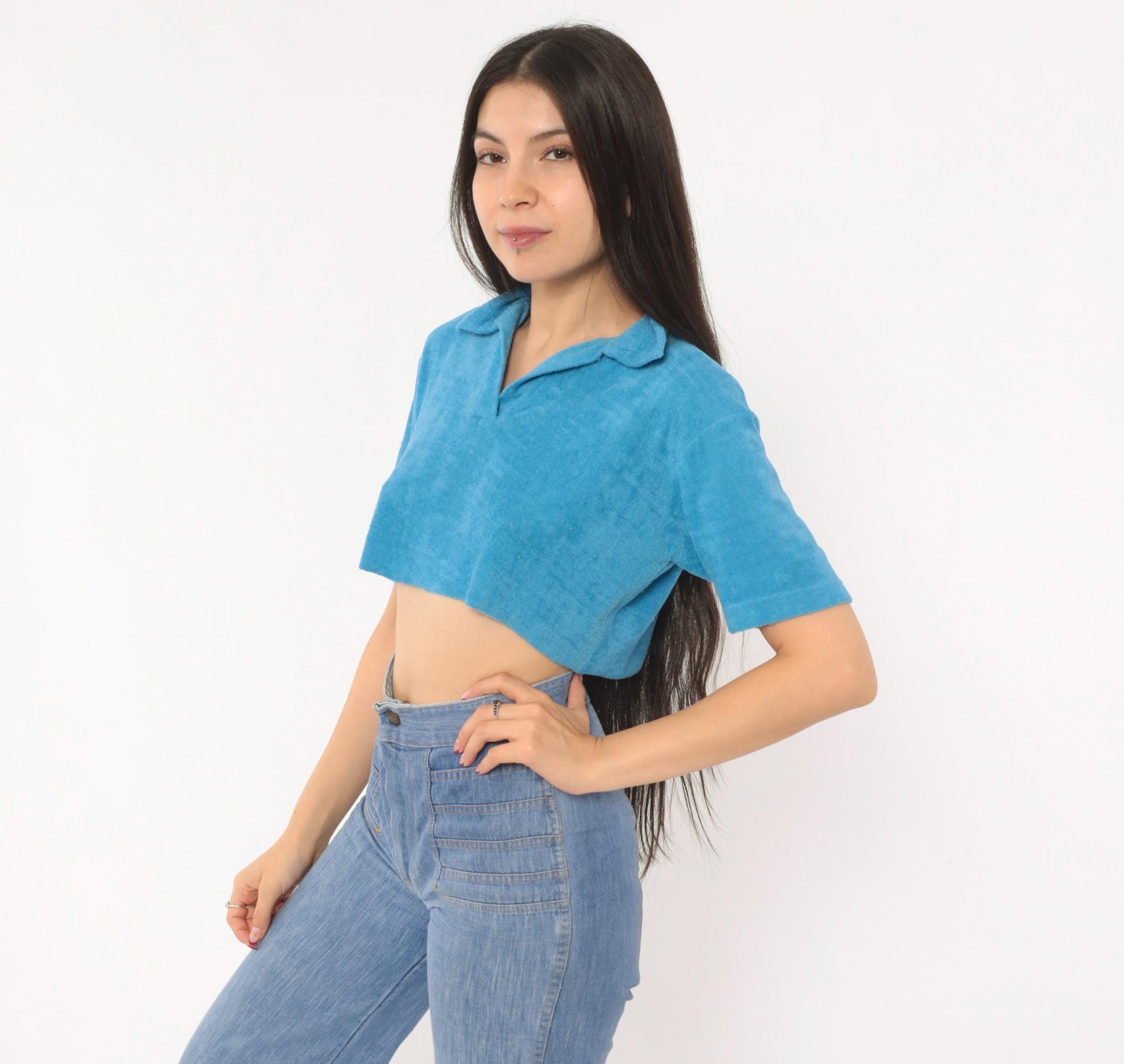 80s Jason Maxwell Terry Cloth Crop Top Blue Polo Collar Small Medium