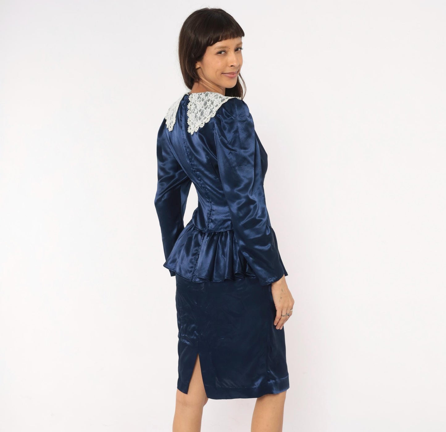 80s Navy Satin Peplum Dress Lace Collar Puff Shoulder Knee Length Small