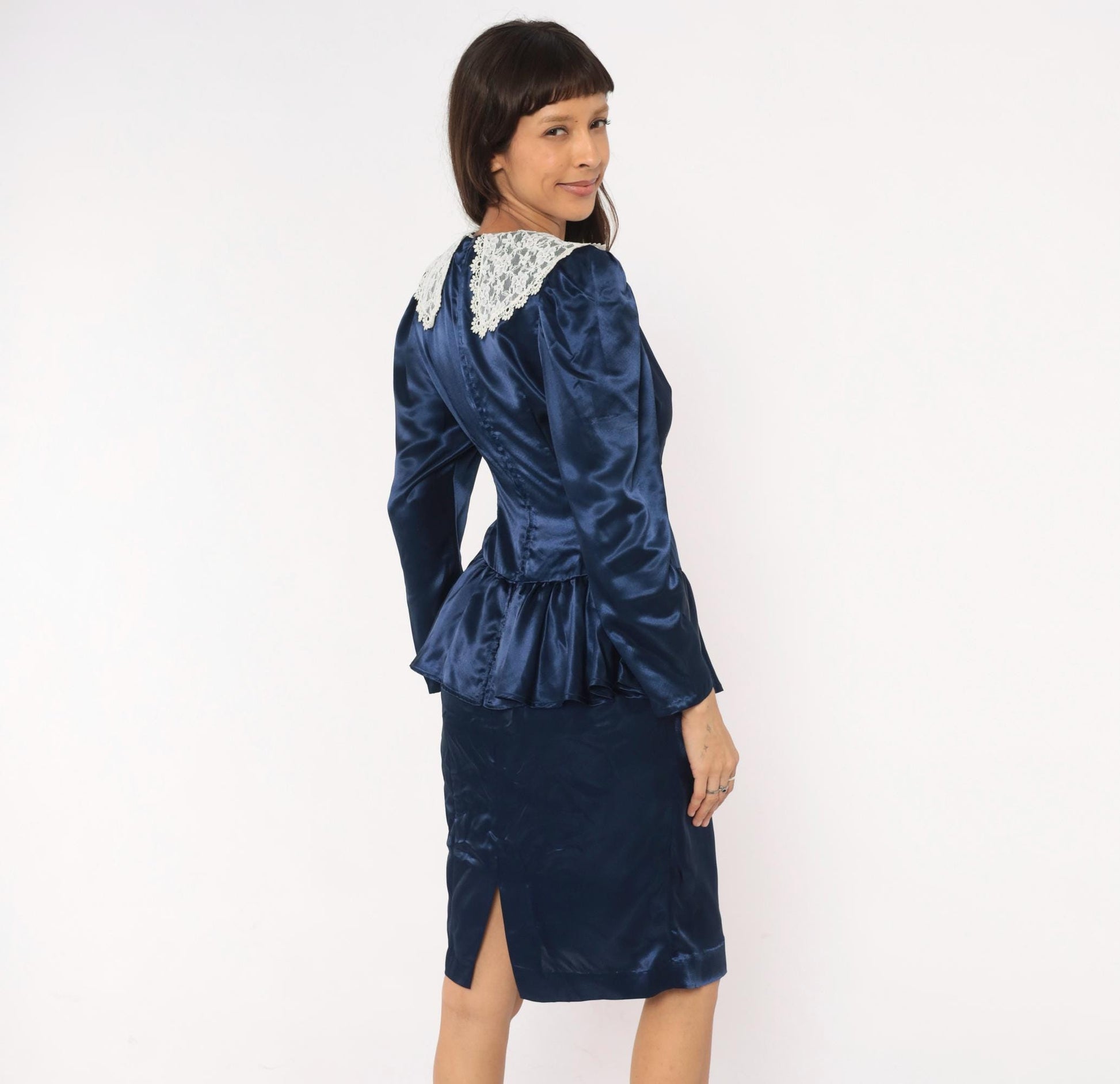 80s Navy Satin Peplum Dress Lace Collar Puff Shoulder Knee Length Small