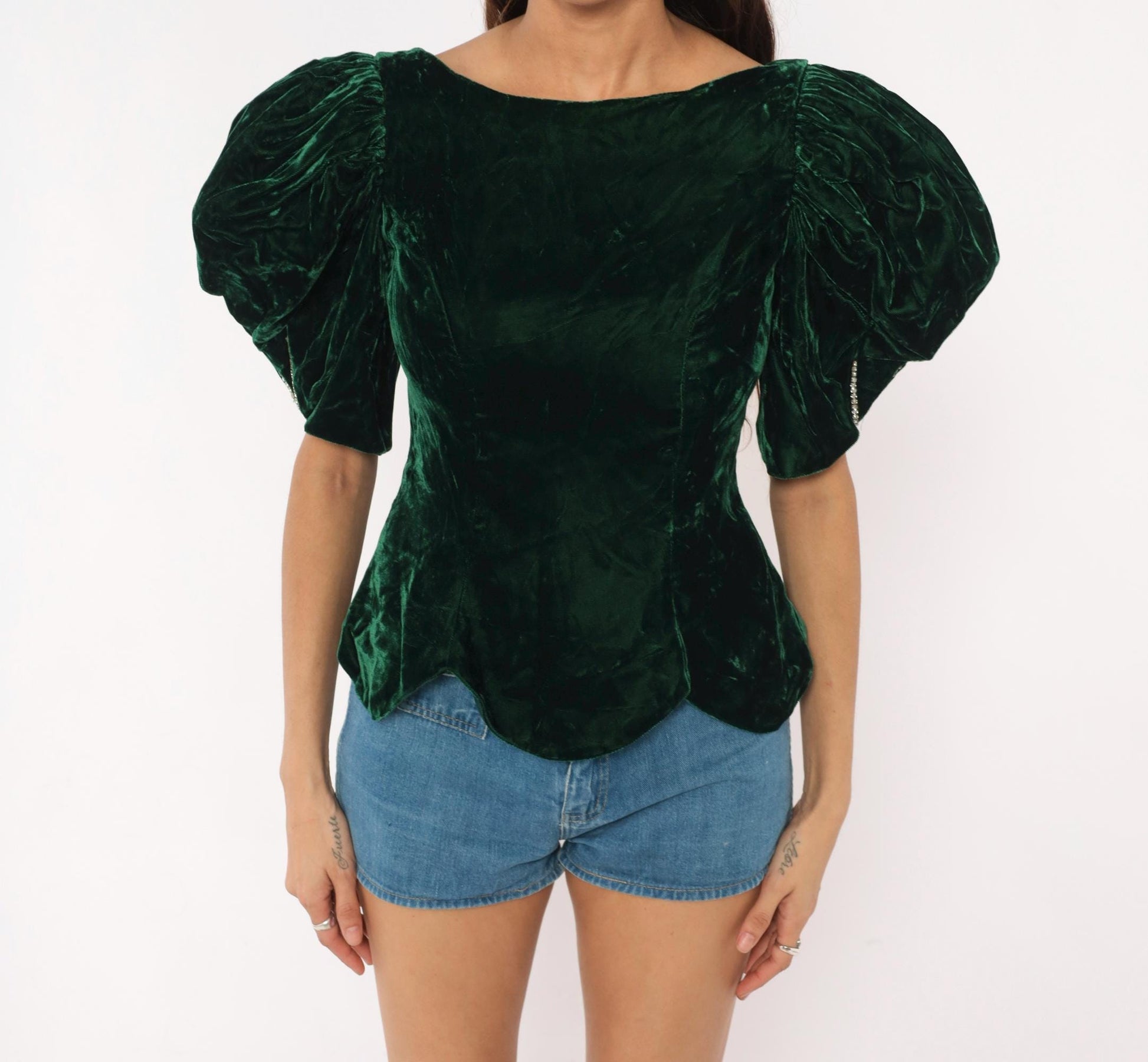 90s Emerald Crushed Velvet Puff Sleeve Blouse Forest Green Rhinestone Bow Back Small S