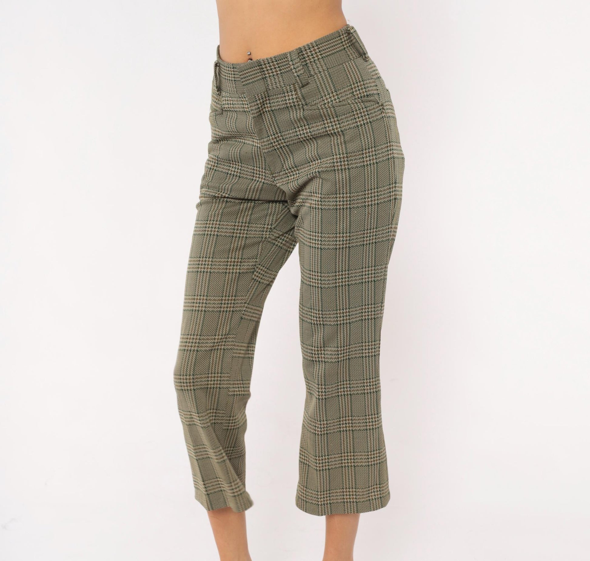 70s Chess Man Glen Plaid Cropped Flare Trousers Olive Tan Extra Small XS