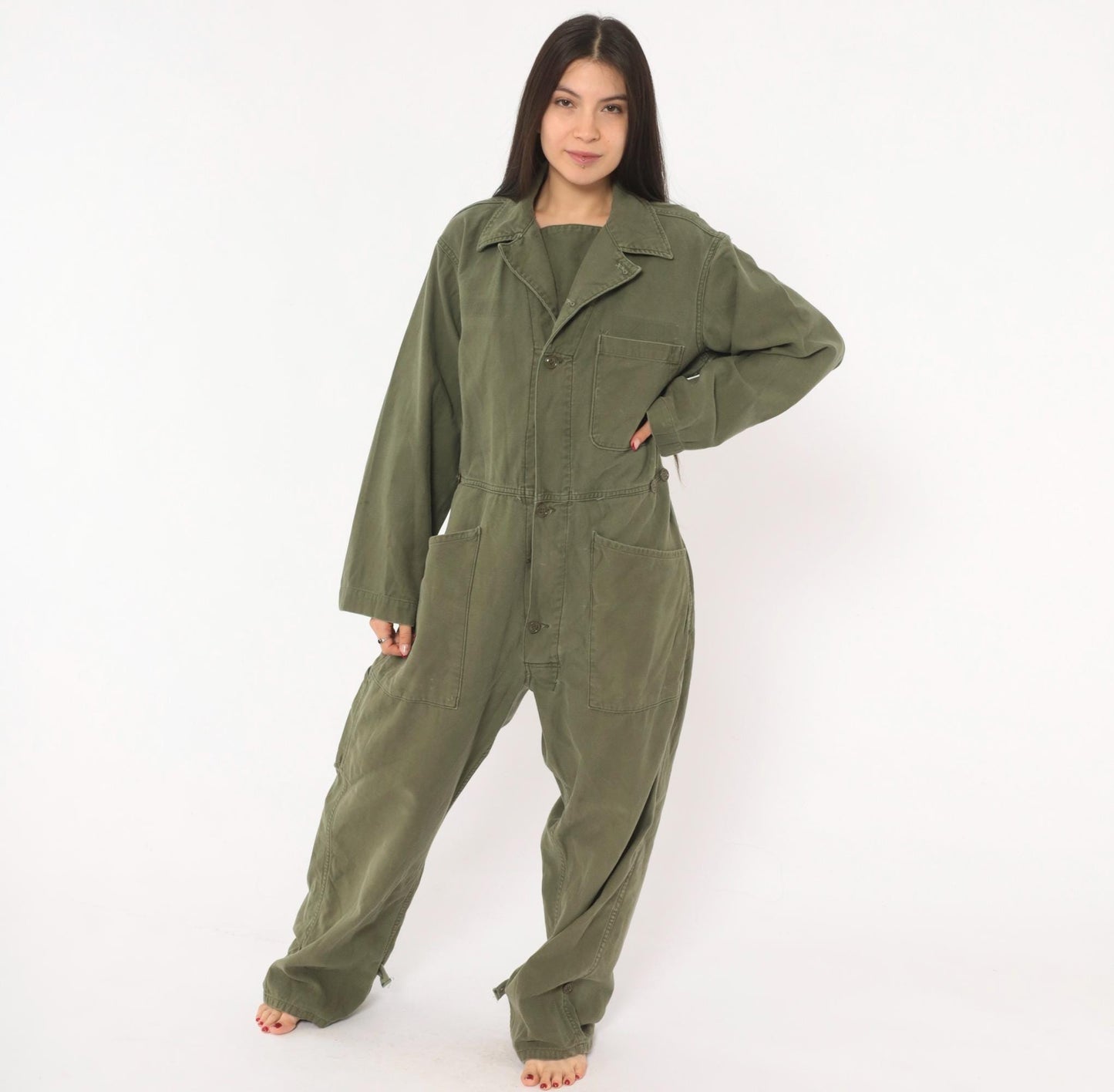 80s Army Olive Cotton Coveralls Button Front Jumpsuit Medium M