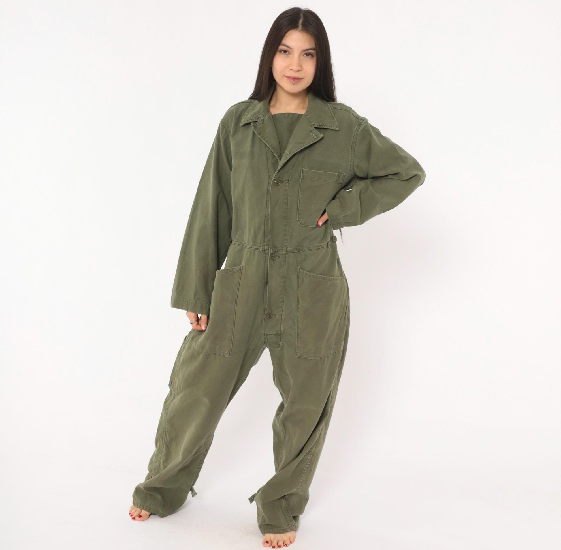 80s Army Olive Cotton Coveralls Button Front Jumpsuit Medium M