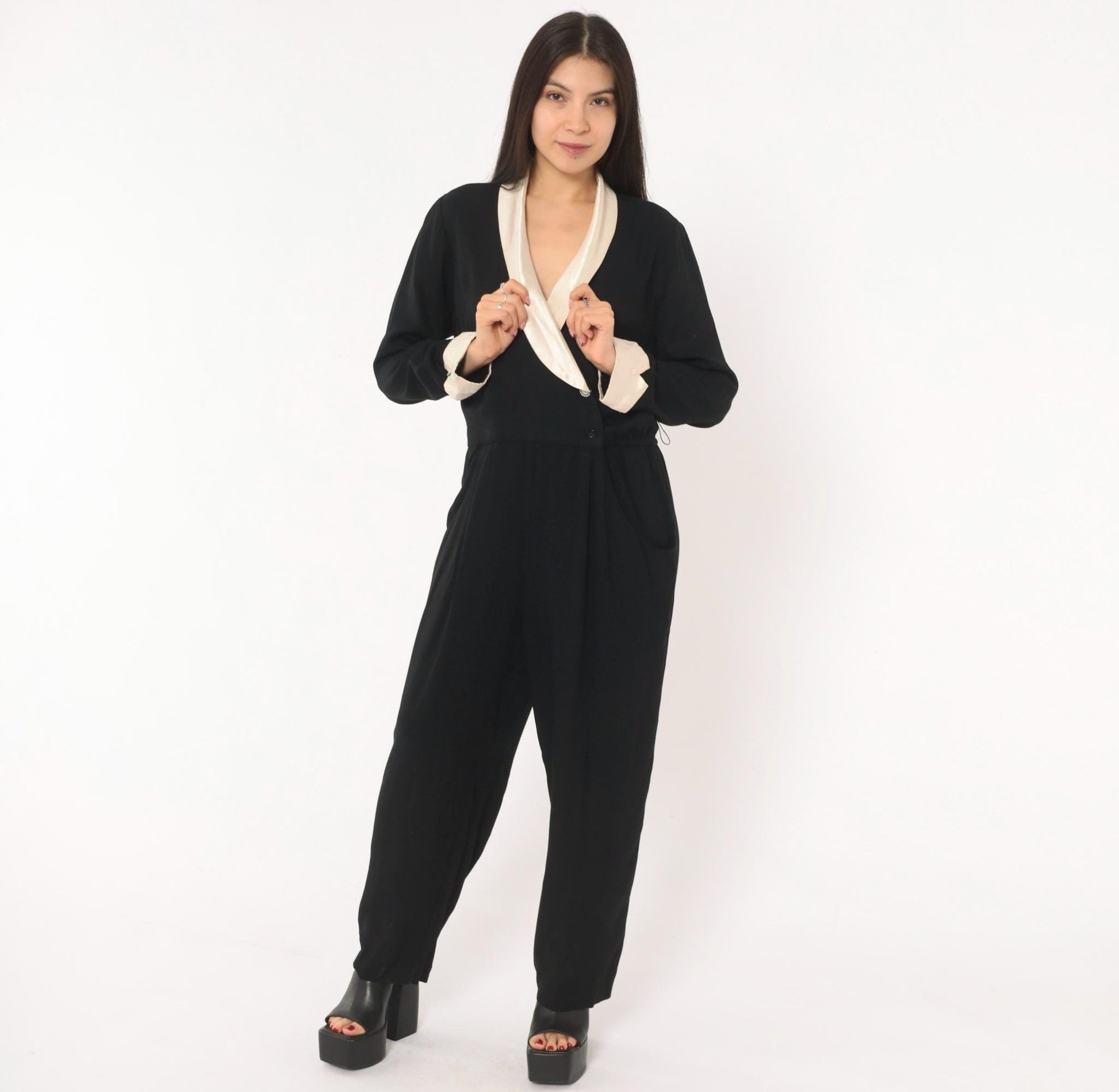90s RJ & Co Black Jumpsuit Cream Satin Shawl Collar Wrap Front Medium M