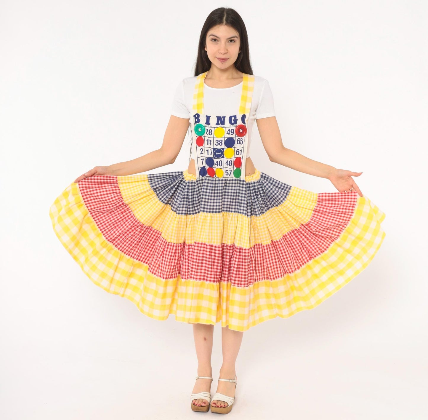 80s Bingo Card Cotton Pinafore Jumper Dress Tiered Gingham Navy Yellow Red Medium Large