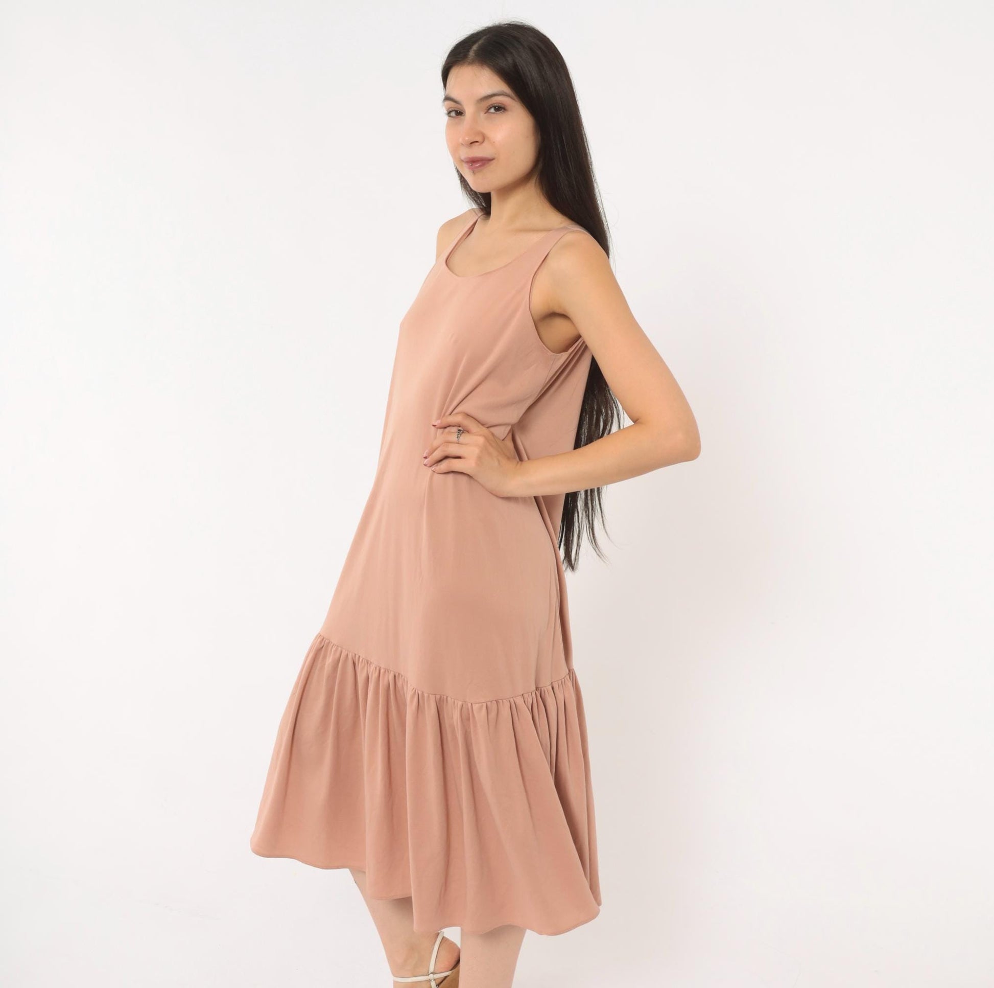 70s Dusty Rose Drop Waist Midi Dress Sleeveless Scoop Neck Tank Medium