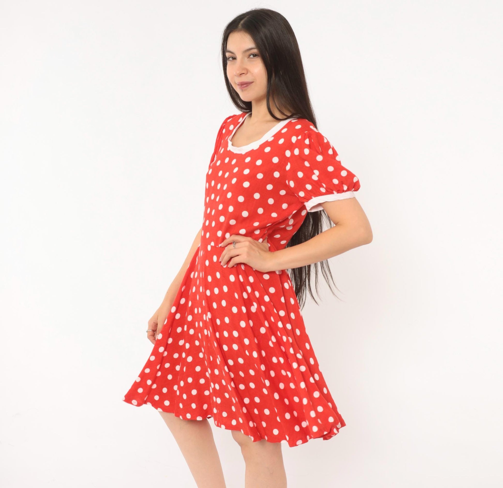 80s Red White Polka Dot Babydoll Dress Puff Sleeve Cotton Swing Mini Small