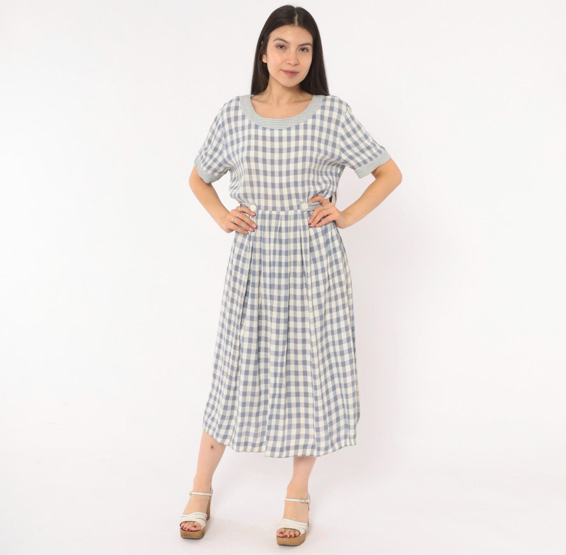 90s SL Fashions Gingham Midi Dress Blue White Check Button Back Medium