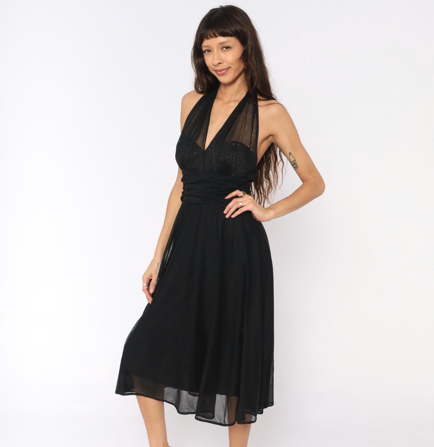 90s Black Halter Midi Dress Deep V Glitter Mesh Open Back Medium