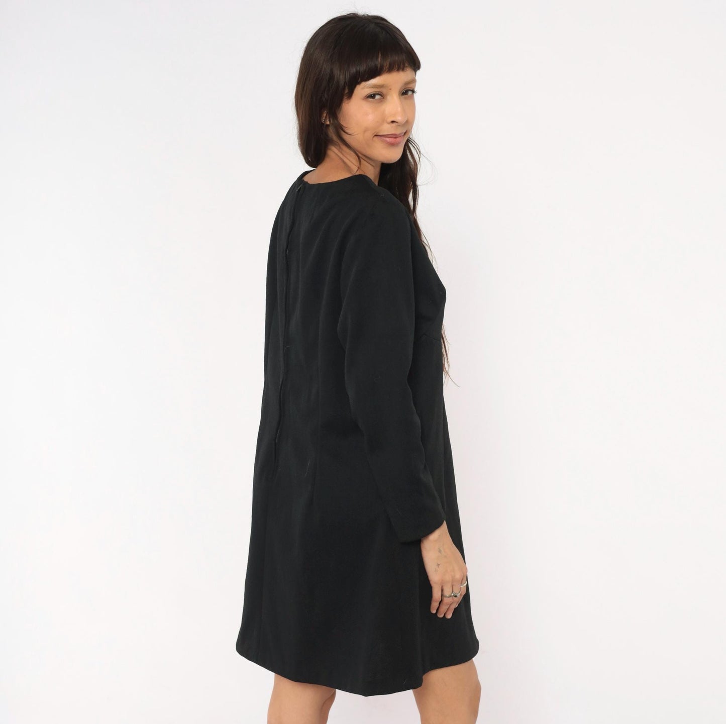 70s Black A-Line Dress Empire Waist Long Sleeve Round Neck Zip Back Large L
