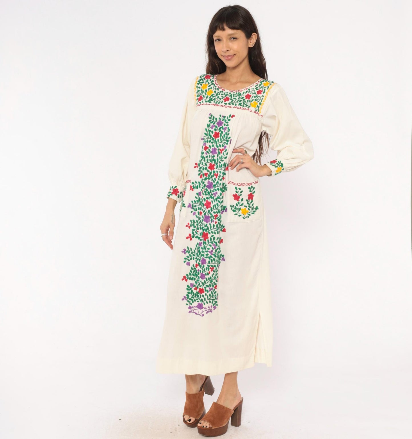 70s Embroidered Mexican Cotton Maxi Dress Floral Cream Long Sleeve Small