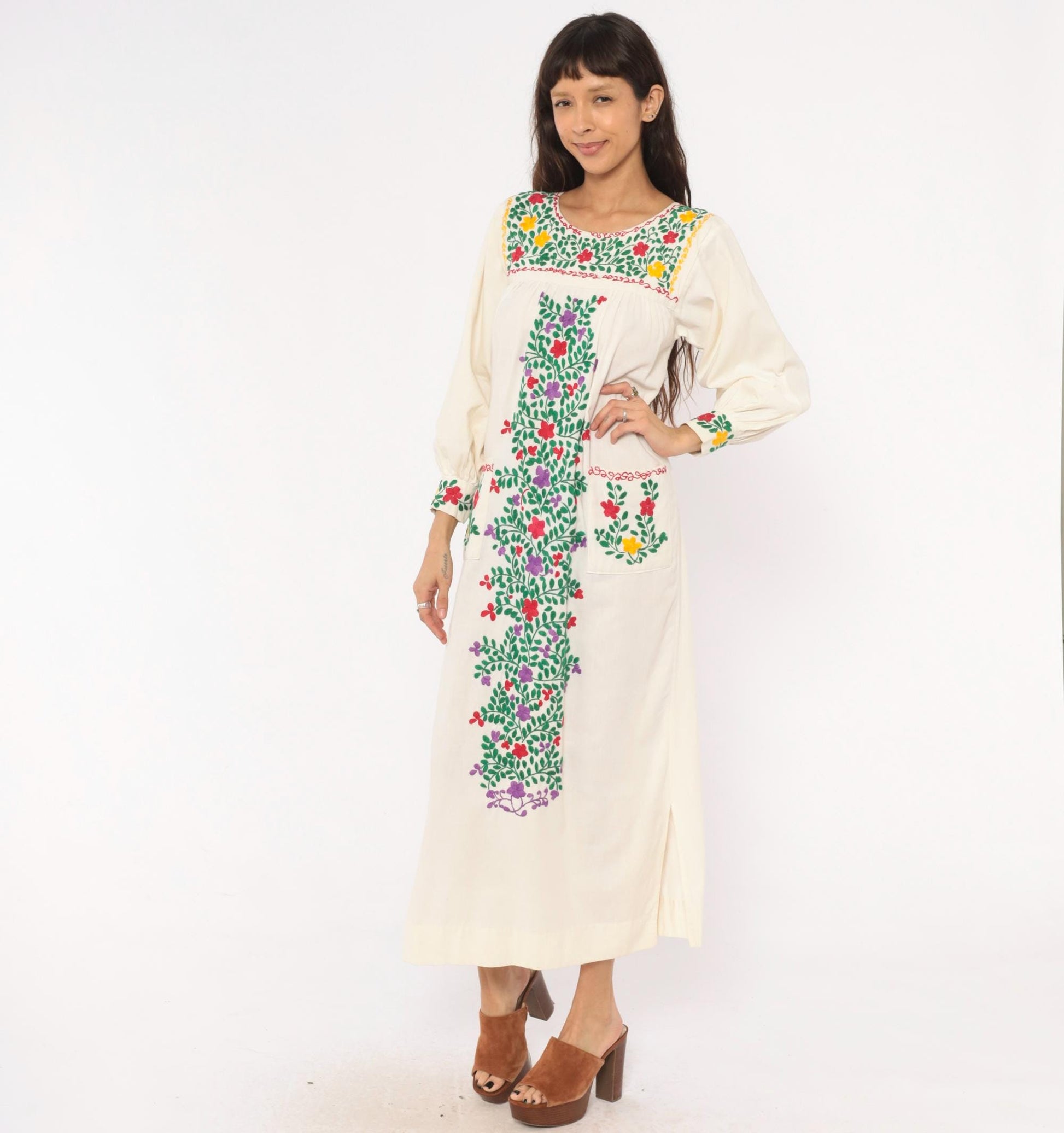 70s Embroidered Mexican Cotton Maxi Dress Floral Cream Long Sleeve Small
