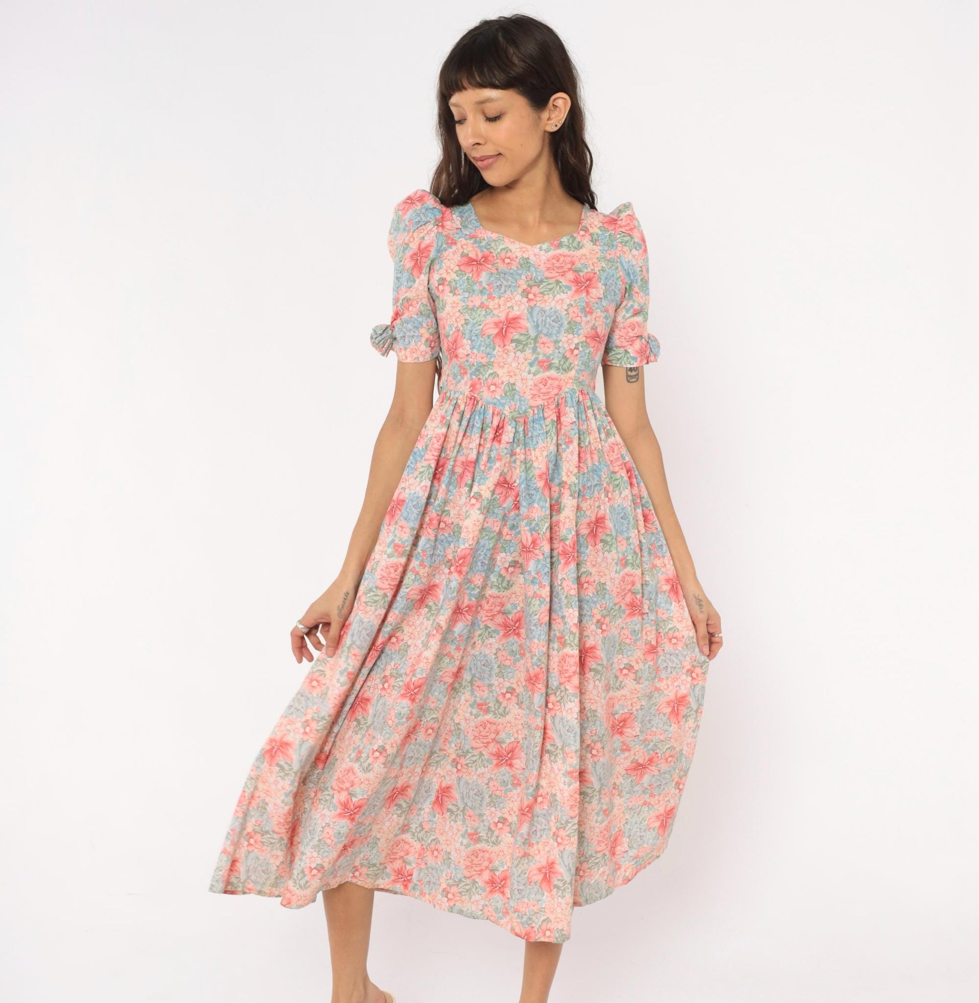 80s Floral Midi Dress Pink Blue Puff Sleeve Sweetheart Cotton XXS