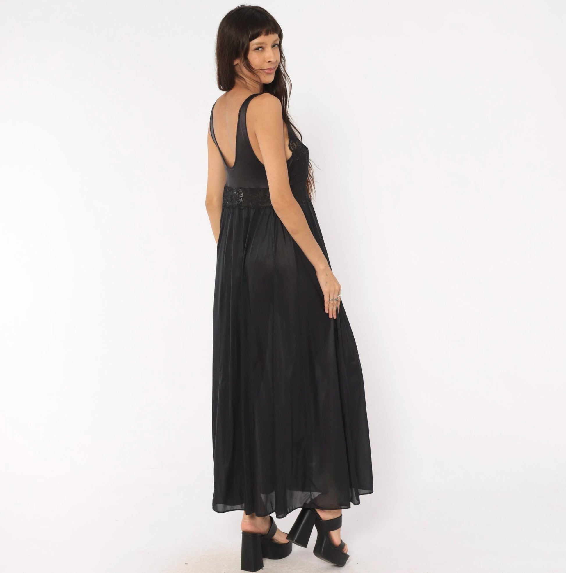 80s Shadowline Black Lace Maxi Nightgown Deep V Sheer Bodice Large L
