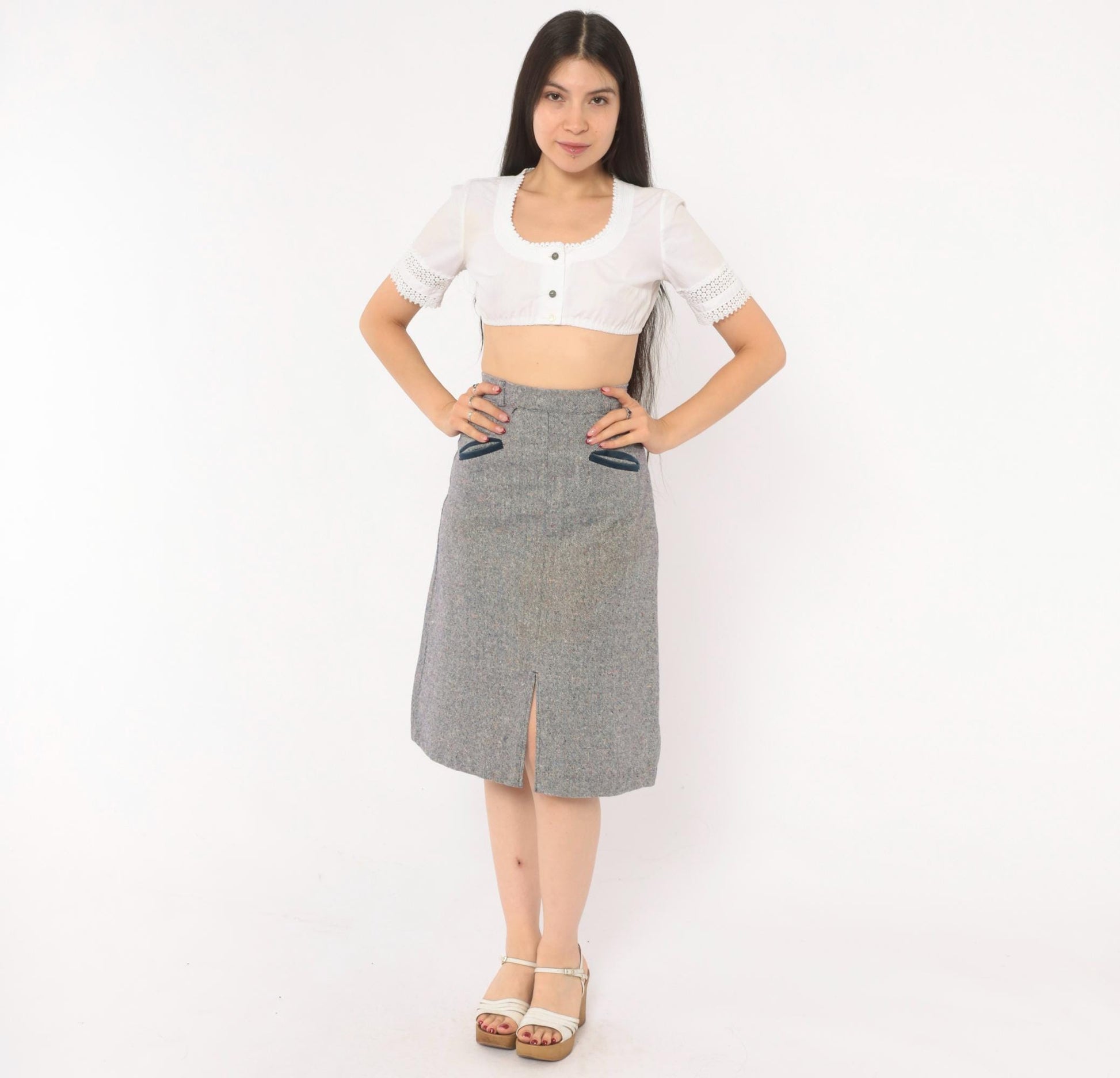 70s Navy Grey Tweed A-Line Skirt High Waist Welt Pocket Wool Blend Extra Small XS